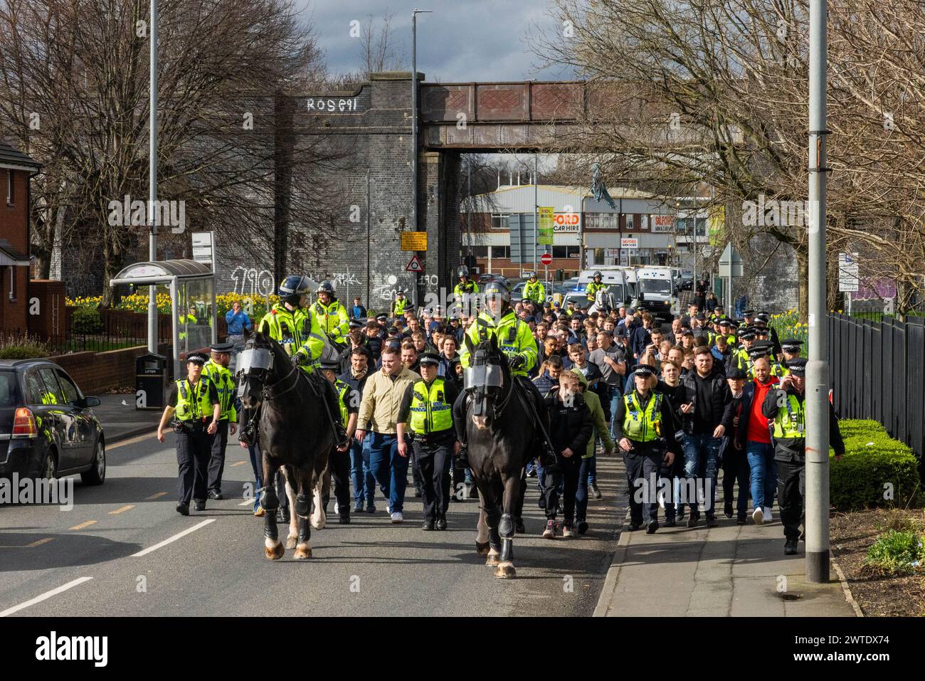 Leeds, Regno Unito. 17 MARZO 2024. I tifosi del Millwall a Leeds marciano verso Elland Road per la partita di calcio nel campionato contro il Leeds United. Guidati da pesanti controlli, i tifosi entrarono in campo senza incidenti importanti, i canti sgradevoli sono stati fatti dal gruppo durante tutto il tempo. Credito Milo Chandler/Alamy Live News Foto Stock