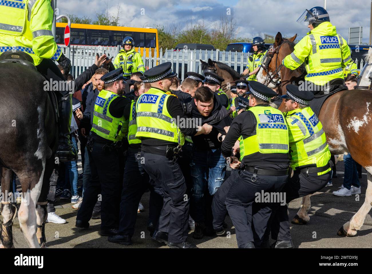 Leeds, Regno Unito. 17 MARZO 2024. La polizia si scontrerà con i tifosi del Millwall a Elland Road mentre assistono alla partita di calcio del campionato contro il Leeds United. Guidati da pesanti controlli, i tifosi entrarono in campo senza incidenti importanti, i canti sgradevoli sono stati fatti dal gruppo durante tutto il tempo. Credito Milo Chandler/Alamy Live News Foto Stock