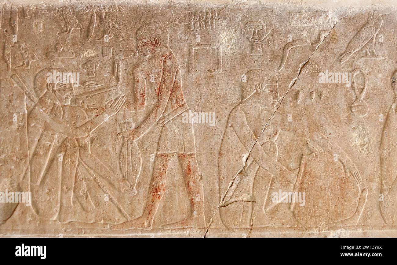 Egitto, Saqqara, tomba di Niankhkhnum e Khnumhotep, rivestire vasi e dare da bere. Foto Stock