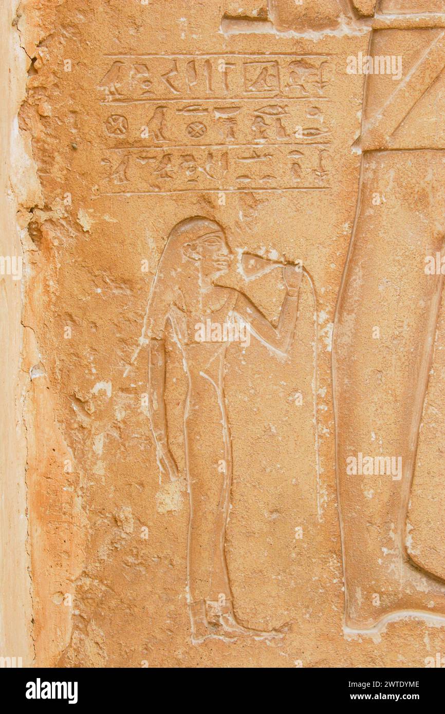 Egitto, Saqqara, vicino alla strada rialzata di Unas, rovine della mastaba Khenu: Pilastro, una donna che puzza di loto. Foto Stock