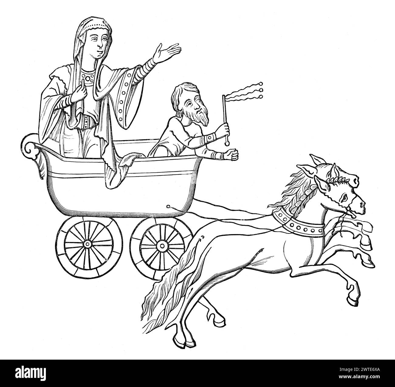 Una carrozza disegnata da una coppia di cavalli, su un manoscritto del IX secolo Foto Stock