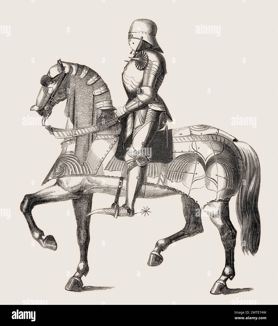 Un cavaliere medievale che cavalca un cavallo, armatura, XV secolo Foto Stock