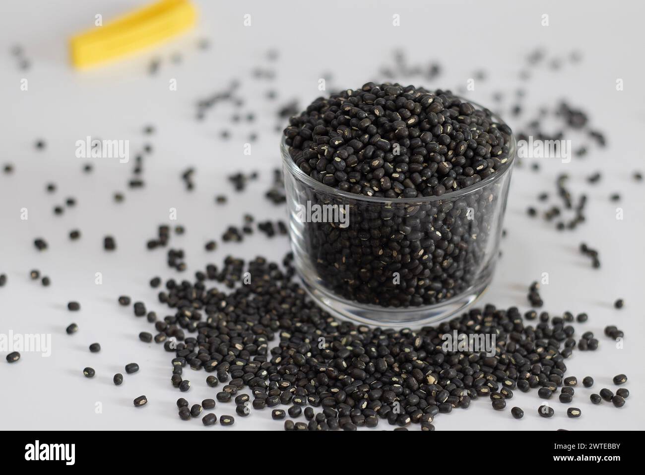 Ciotola di vetro piena di lenticchie nere o urad dal, nota anche come Black gram, Vigna mungo, urid o mungo. Sano, biologico, perfetto per il cibo Foto Stock
