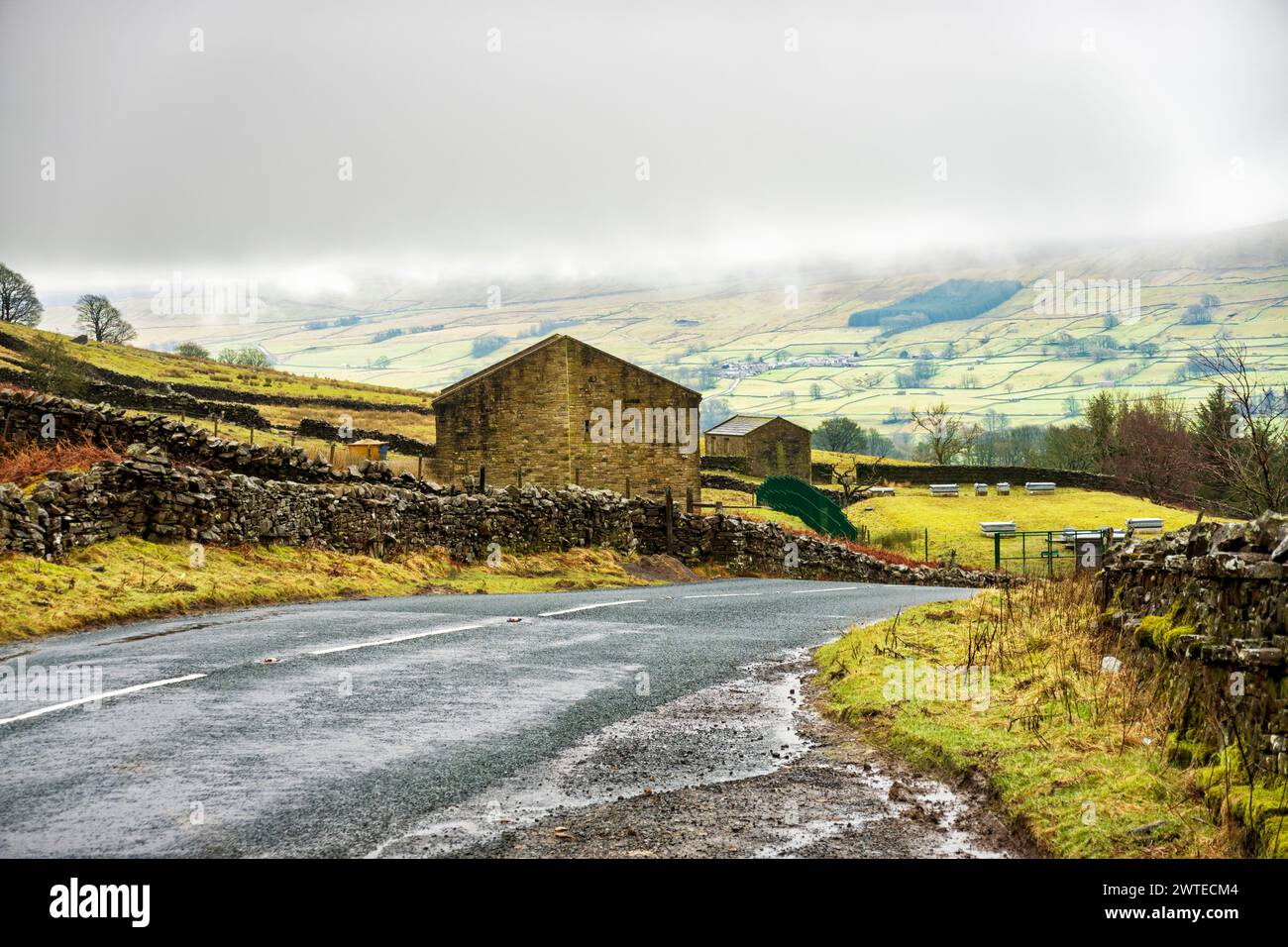 Fienili di pietra e campi verdi in una nebbiosa mattina d'inverno. Il sentiero a lunga distanza Coast to Coast segue la valle dello Yorkshire. Foto Stock