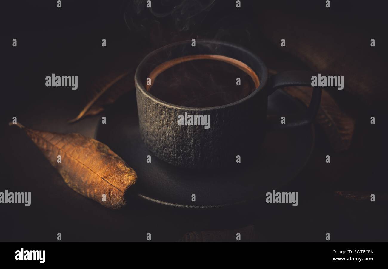 Tazza di caffè e foglie autunnali su sfondo scuro, tonalità vintage Foto Stock