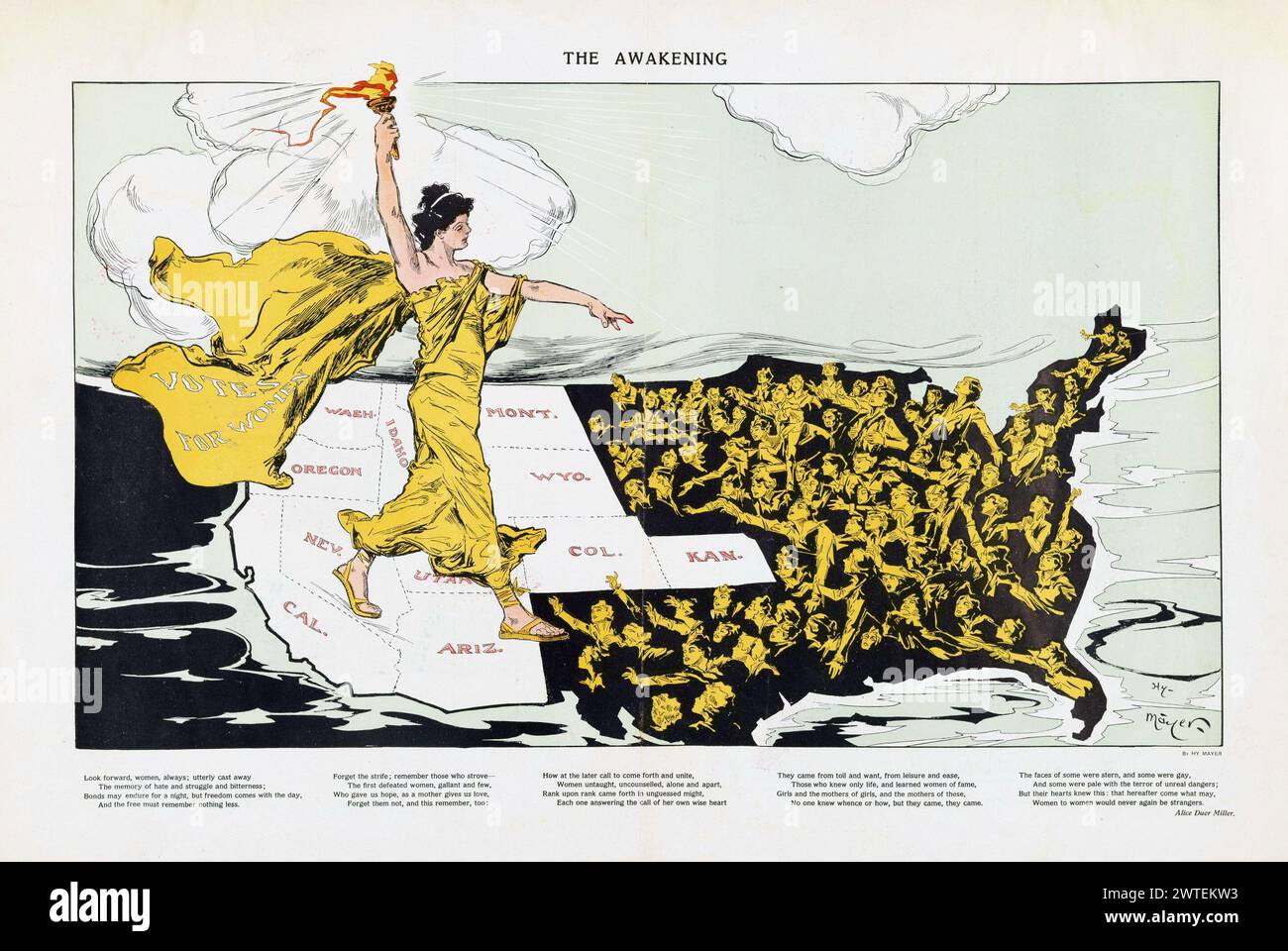 "Il risveglio" di Henry Mayer pubblicato sulla rivista americana Puck 20 febbraio 1915. Cartone animato politico, con una donna portatrice di torce etichettata "Vota per le donne", il risveglio delle donne della nazione al desiderio di suffragio mentre il movimento delle suffragette americane attraversa il paese, spostandosi da ovest a est. Foto Stock