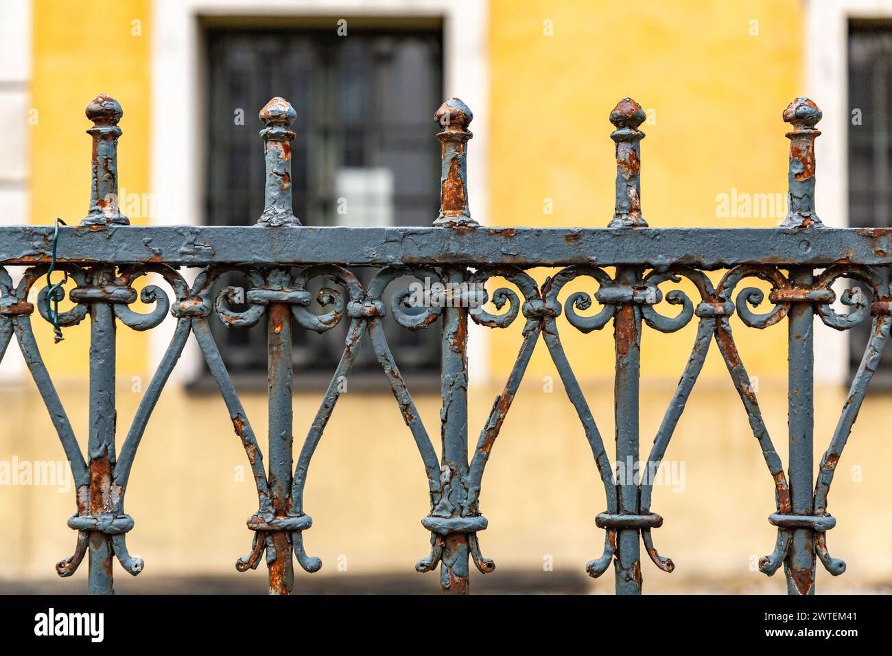 Recinzioni in ferro battuto dipinte di verde da vicino, dettagli di barre metalliche in stile vintage Foto Stock