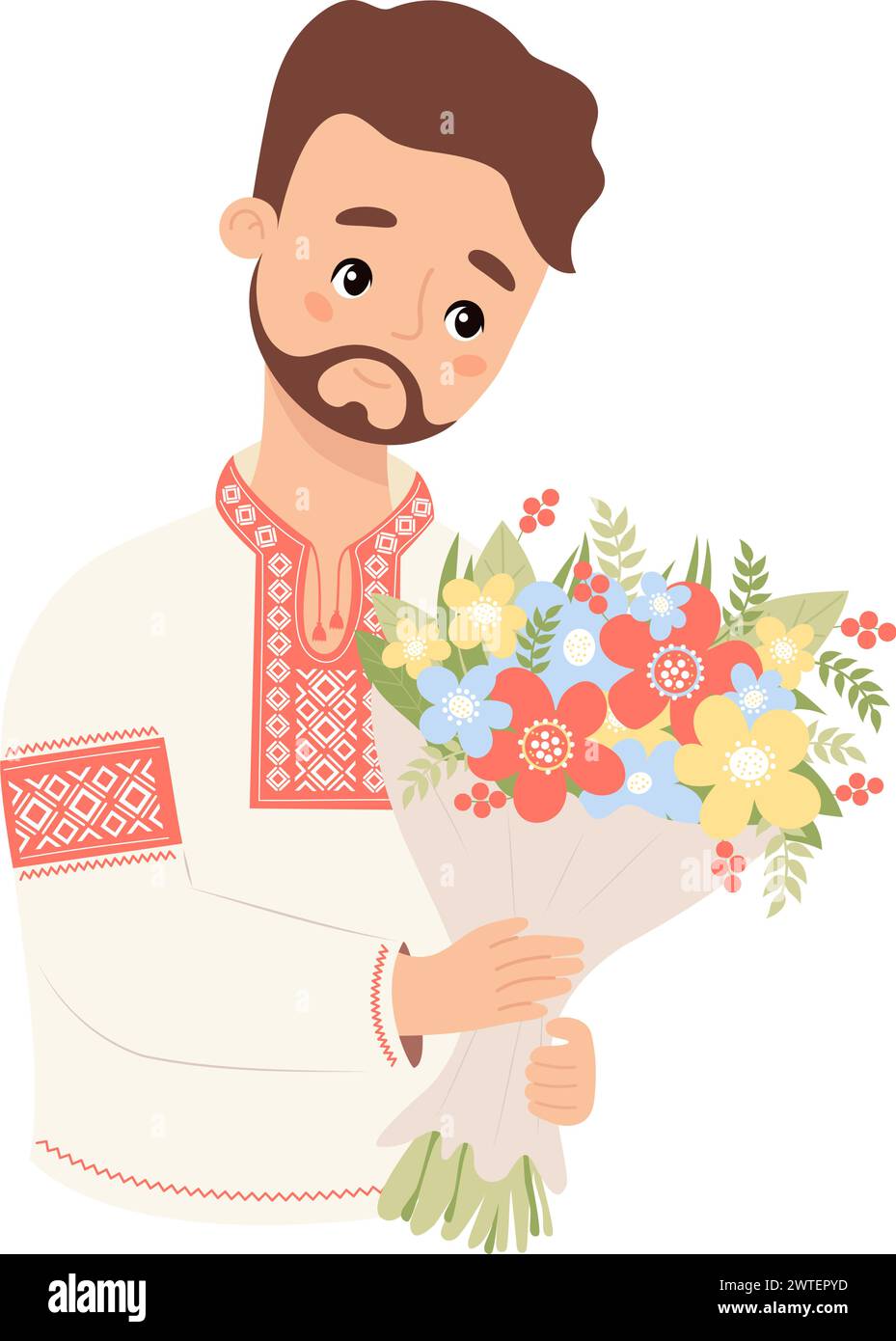 Uomo barbuto ucraino in abiti tradizionali nazionali, camicia ricamata con fiori bouquet. Simpatico personaggio maschile per creare temi festivi di nascita Illustrazione Vettoriale