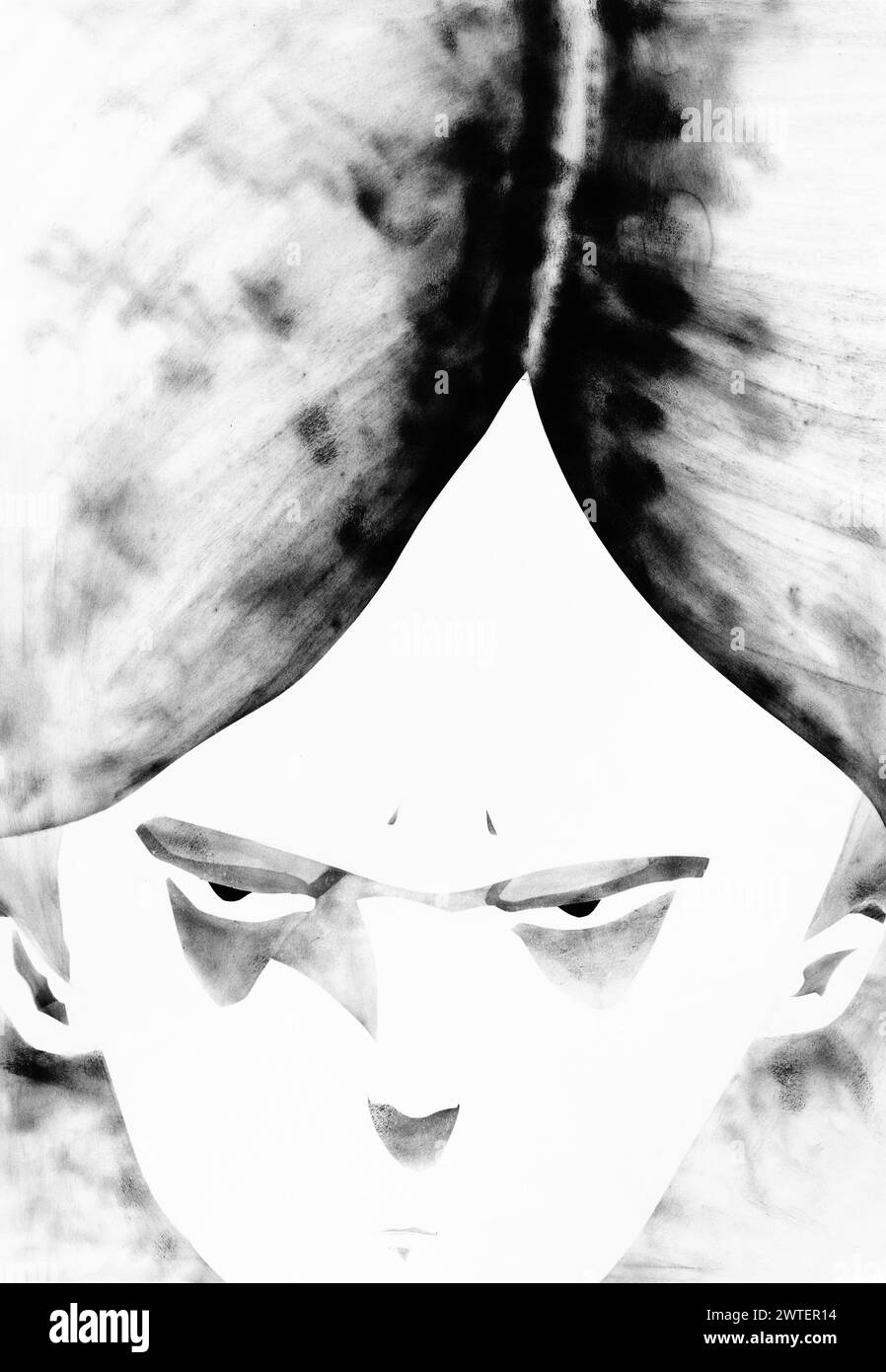 ritratto di ragazza disegnato a mano - vista dall'alto dei capelli separati e del volto arrabbiato disegnato a mano con tempera nera su carta bianca Foto Stock