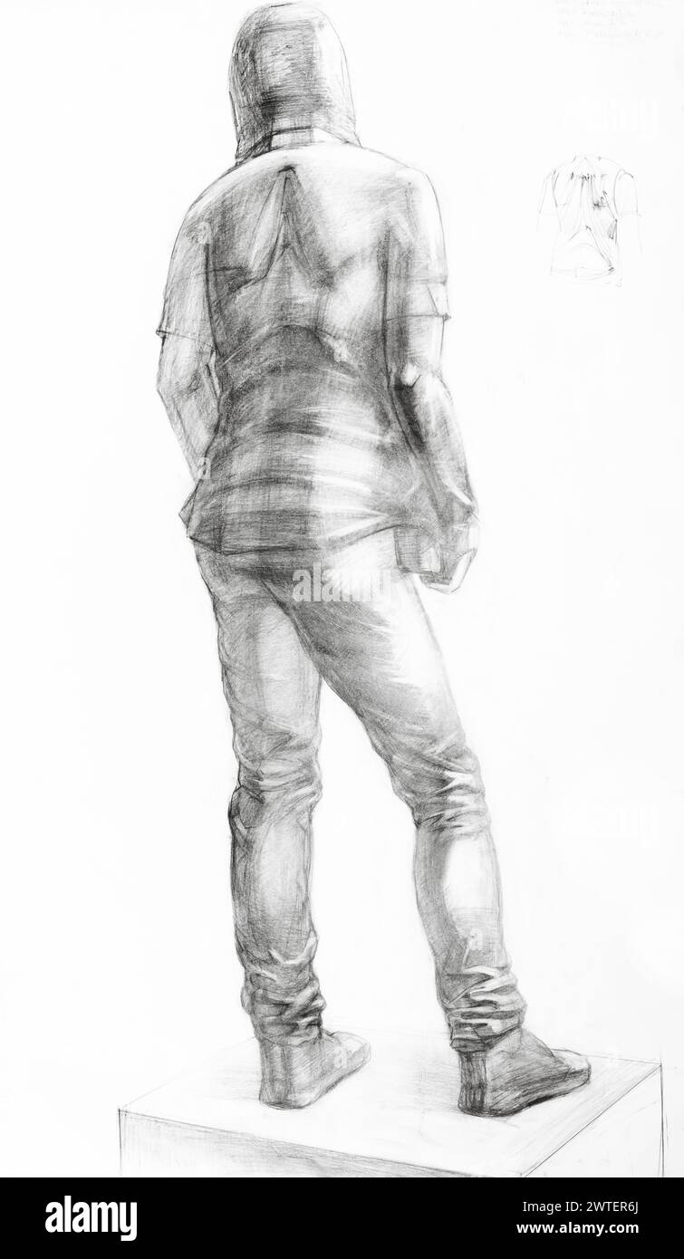 disegno educativo dal retro di un modello maschile vestito con camicia con cappuccio e pantaloni in piedi sul podio disegnati a mano con matita in grafite su carta bianca Foto Stock