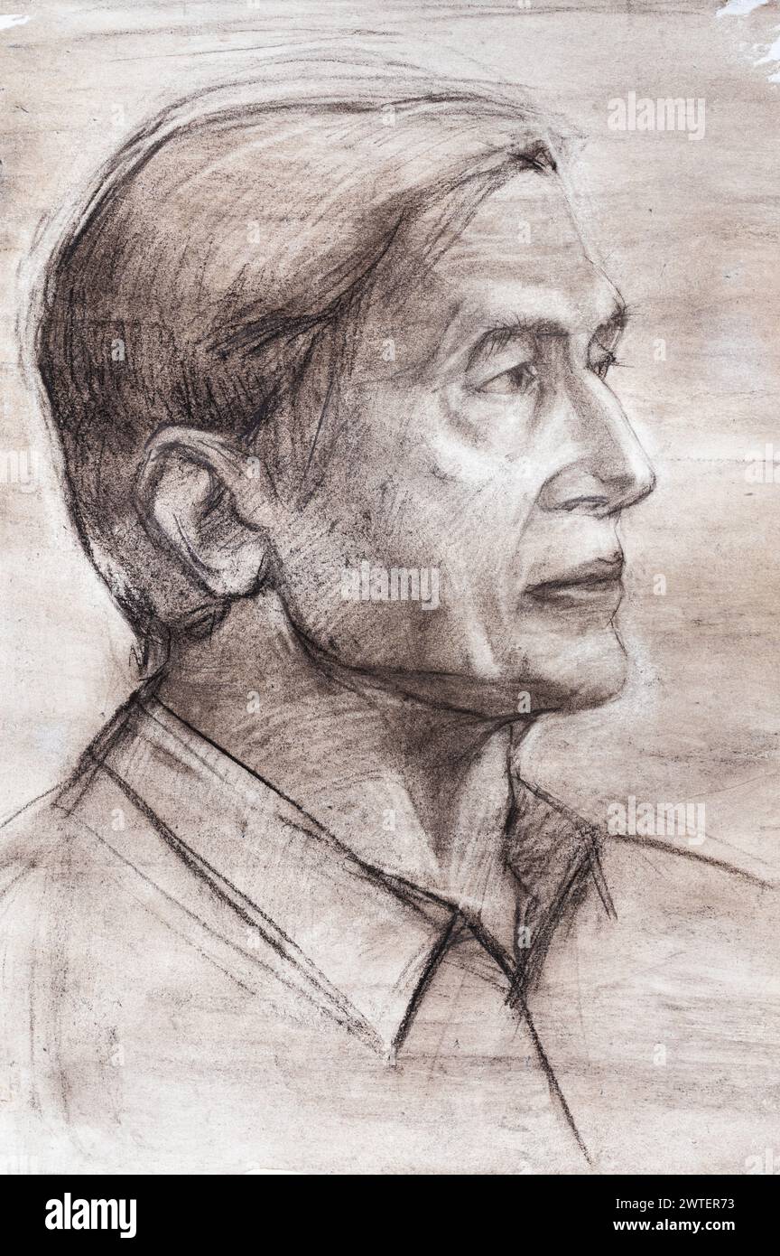 Studiare il ritratto di un uomo anziano disegnato a mano in seppia su carta bianca Foto Stock