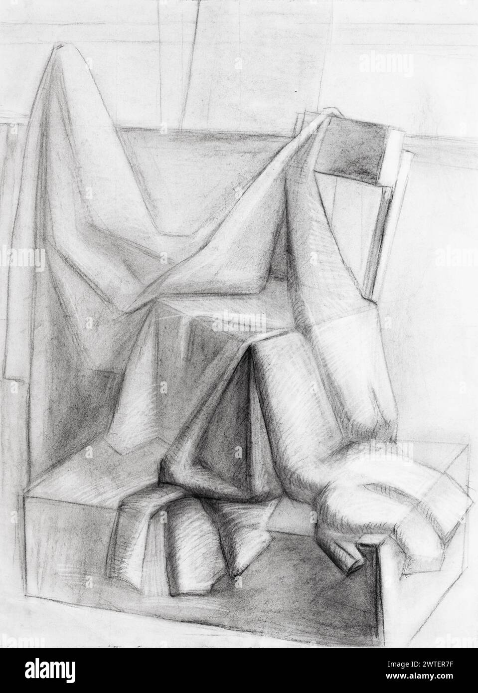 pittura didattica - natura morta con tendaggi su forme geometriche disegnate a mano da carbone su carta bianca Foto Stock