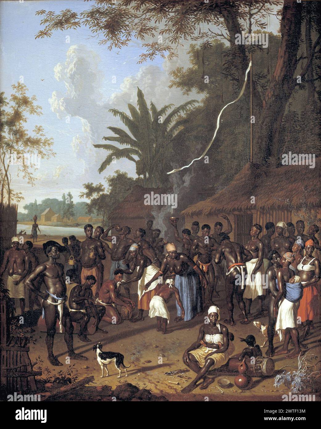 Dipinto del 18th° secolo di Dirk Valkenburg che mostra gli schiavi delle piantagioni durante una danza Ceremoniale. Foto Stock