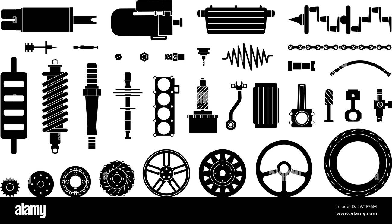 Icone nere servizio automatico. Vari meccanismi, pezzi di ricambio per automobili. Adattatore, ruote e ingranaggi, valvola, catene e tubi, raccolta vettoriale decente Illustrazione Vettoriale