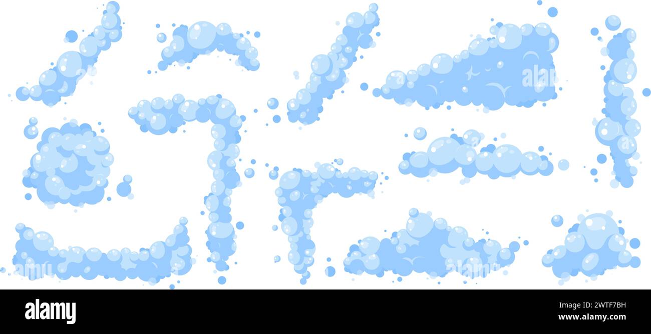 Schiuma di sapone cartoni animati. Le bolle blu diffondono bordi e nuvole. Pulizia, lavaggio con shampoo o gel doccia liquido. Elementi vettoriali comodi per il bagno o il bucato Illustrazione Vettoriale