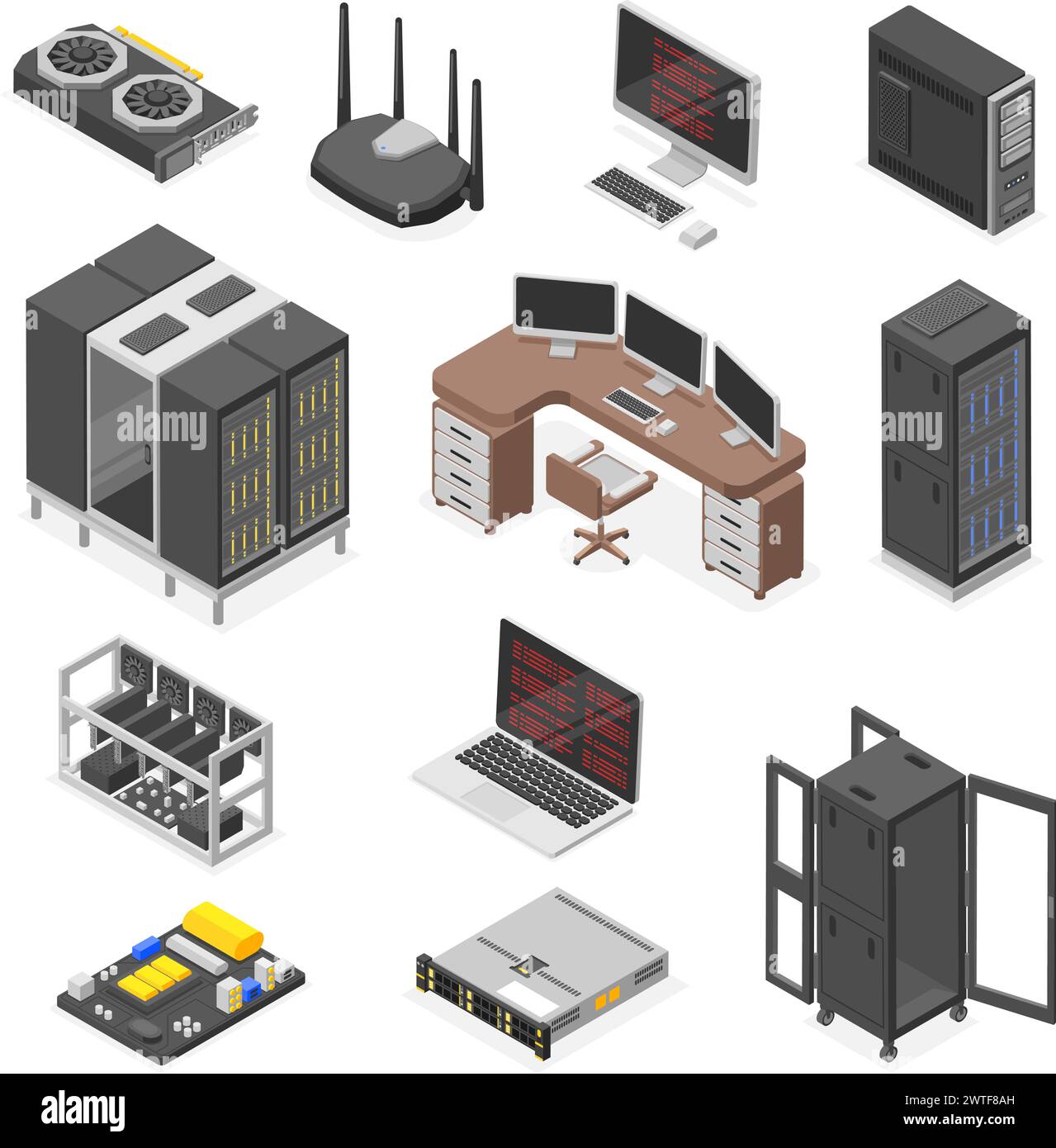 Elementi isometrici del data center. Tecnologie digitali, computer e monitor. Apparecchiature server, router e componenti. Servizio cloud, vettore impeccabile Illustrazione Vettoriale