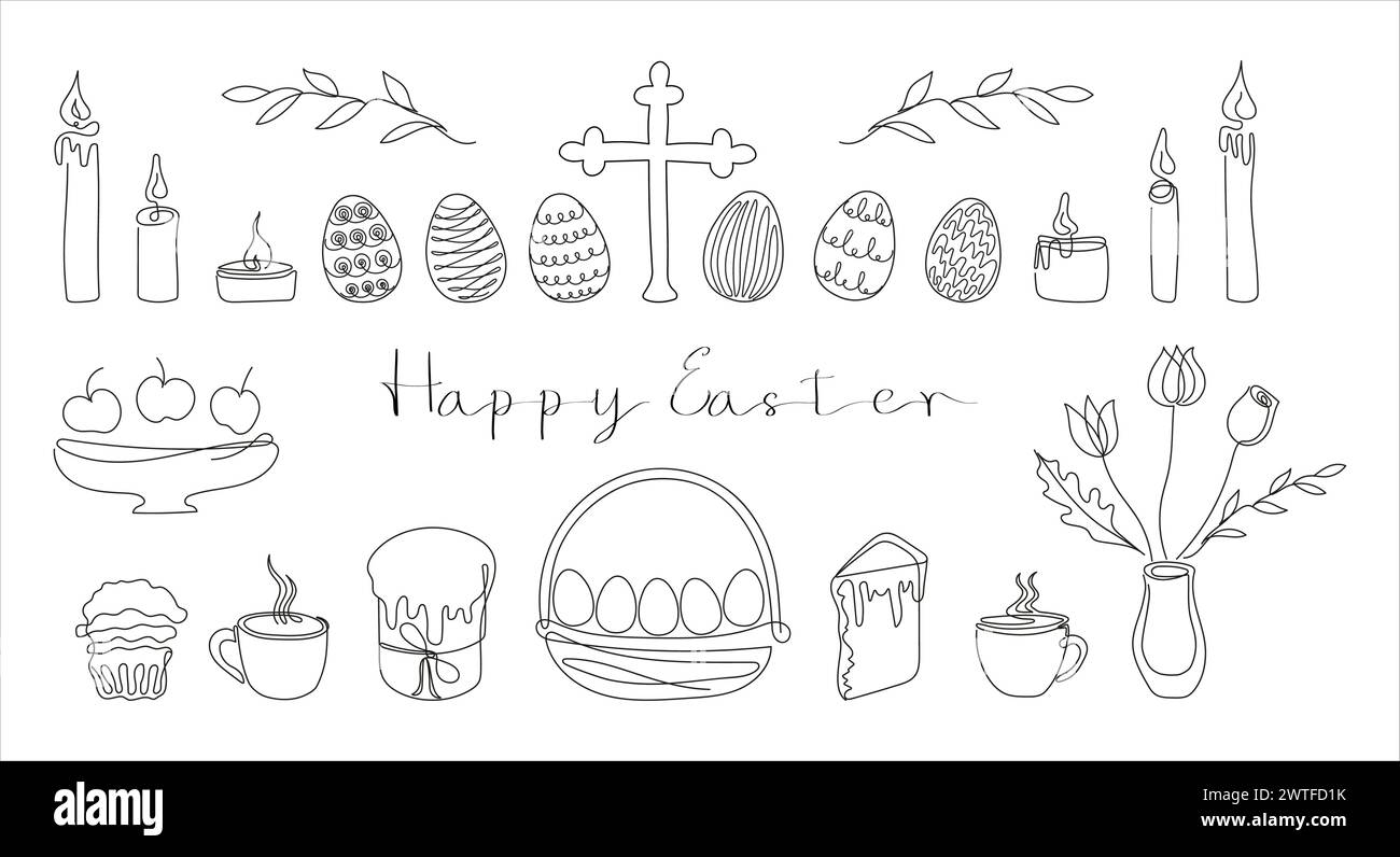 Set pasquale in stile a una linea con elementi di design come torte pasquali, uova, candele, croce, tazze, fiori, cupcake. Vettore bianco e nero. Clipart. Cartolina di Pasqua con felice saluto pasquale. Illustrazione Vettoriale
