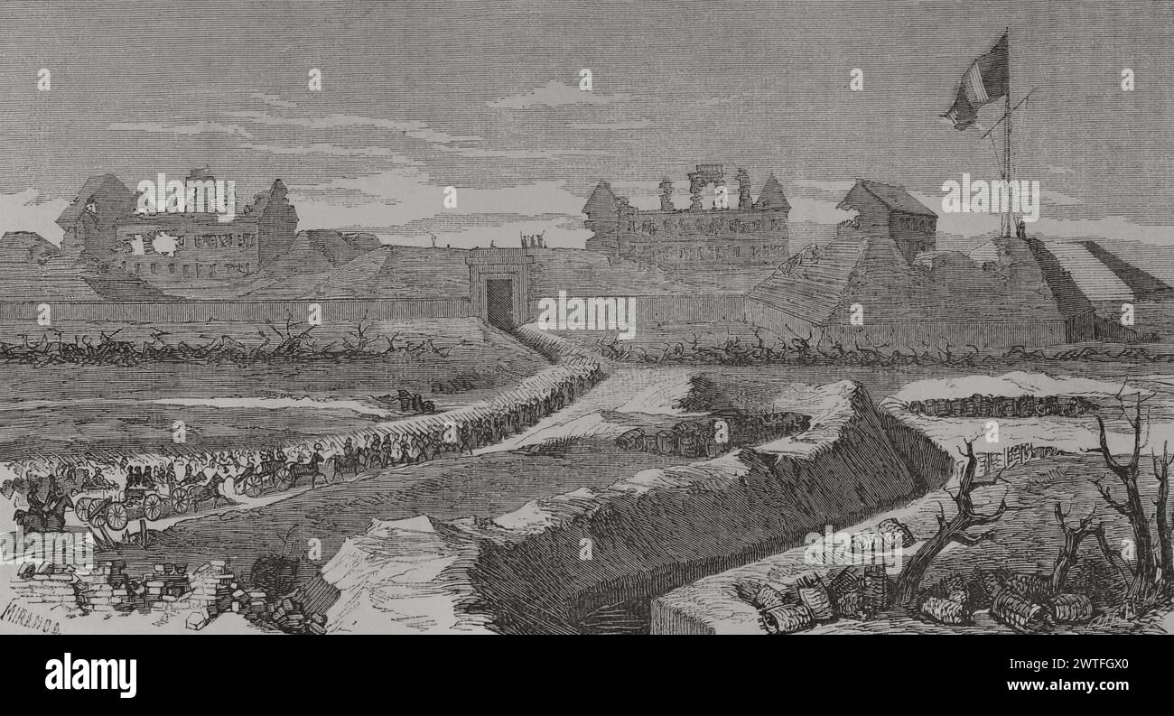 Francia. Comune di Parigi. Movimento rivoluzionario popolare che prese il potere a Parigi dal 18 marzo al 28 maggio 1871, durante la guerra franco-prussiana. Le truppe di Versailles entrano nel forte d'Issy per rovesciare il governo rivoluzionario. Disegno di Miranda, incisione. Historia de la Guerra de Francia y Prusia (storia della guerra tra Francia e Prussia). Volume II Pubblicato a Barcellona, 1871. Autore: Fernando Miranda. Disegnatore spagnolo del XIX secolo. Foto Stock