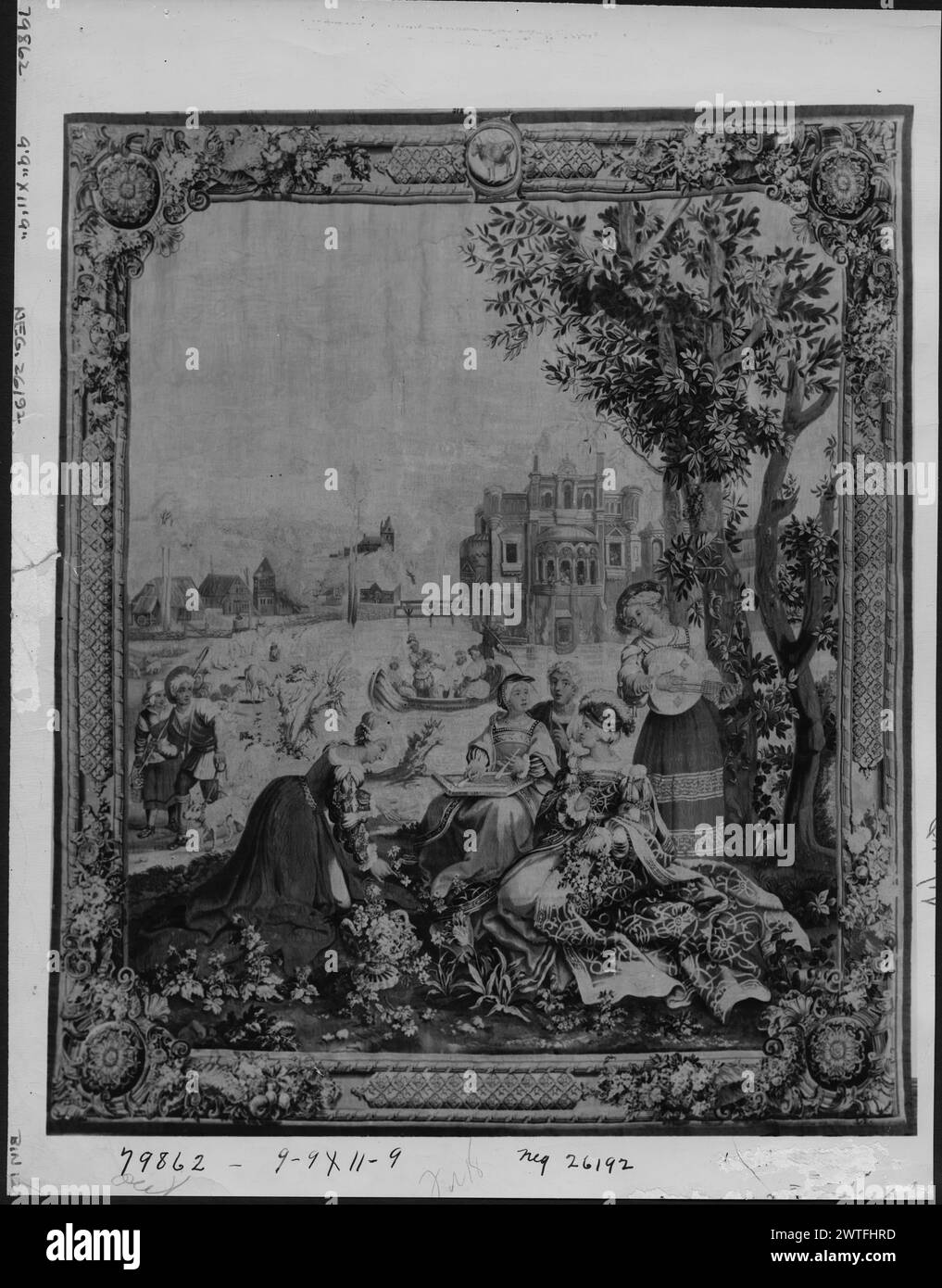 Aprile. Maestro dei mesi di Lucas (olandese (prima del 1600), 1535) (autore del disegno) [pittore] Lefebvre, Jean II (francese, fl. 1699-1736) (laboratorio) [tessitore] c. 1731-1743 arazzi dimensioni: H 11'9' x W 9' arazzi materiali/tecniche: Cultura sconosciuta: French Weaving Center: Paris Ownership History: Lord Winborne coll., Winborne Castle. Marchese da Foz coll., Lisbona. Peter A. B. Widener & Joseph E. Widener coll., Lynnewood Hall, Elkins Park Pennsylvania; venduto a Samuel T. Freeman (Philadelphia), 21/6/1944, lotto 489. French & Co. Ha acquistato da Mrs. Mahoney van Bomel ('Mrs. William J. M Foto Stock