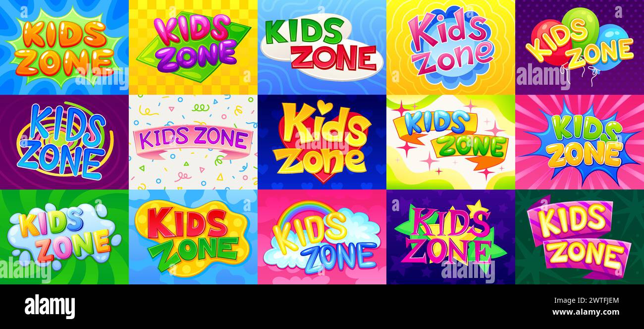 Emblemi della zona per bambini. Badge zona parco giochi per bambini, insegna arcobaleno, logo area giochi per bambini, divertimento o educazione per bambini, etichetta creativa con lettere a fumetti, illustrazione con vettore neoterico del divertimento con emblema della zona Illustrazione Vettoriale