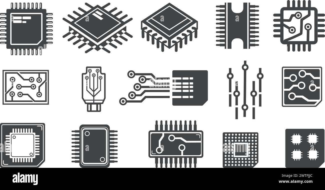 Icone dei cartoni animati dei chip CPU. Logo microchip elettronico microprocessore, chip quantico cpu gpu per schede madri di rete a circuito, icona astratta del microprocessore pcb illustrazione vettoriale dell'icona del microchip Illustrazione Vettoriale