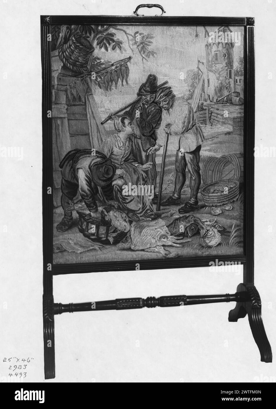 Banchina di pesce. Teniers, David II (fiammingo, 1610-1690) (disegnato dopo) [pittore] c. 1675-1775 arazzi dimensioni: H 46' x W 25' arazzo materiali/tecniche: Sconosciuta Cultura: Flemish Weaving Center: Bruxelles storia di proprietà: French & Co. Acquistato H. S. De Souhami, ricevuto 11/9/1917; venduto a J. S. Cosden 1/7/1922. Donna seduta circondata da un gruppo di 3 uomini e cesti di pesci (centro, primo piano); banchina e torre (centro, sfondo) arazzo è incorniciato. Questo pezzo mostra somiglianze con le tessiture della fine del XVII-XVIII secolo, ma ci sono variazioni significative nei dettagli e nella scala [= potrebbe essere moderno]. Vedere Foto Stock