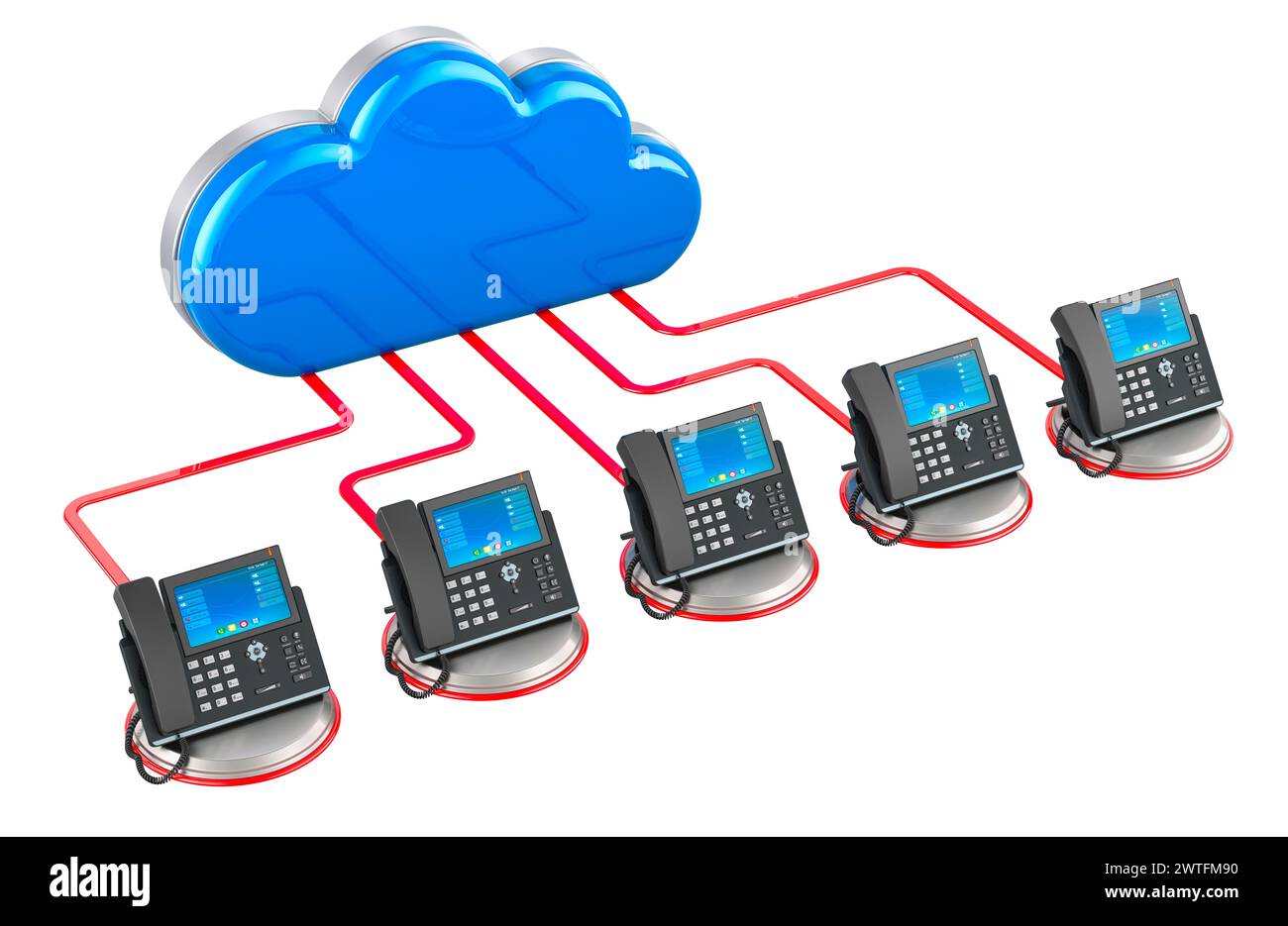Concetto di comunicazione VoIP. Cloud con telefoni ip, rendering 3D isolato su sfondo bianco Foto Stock