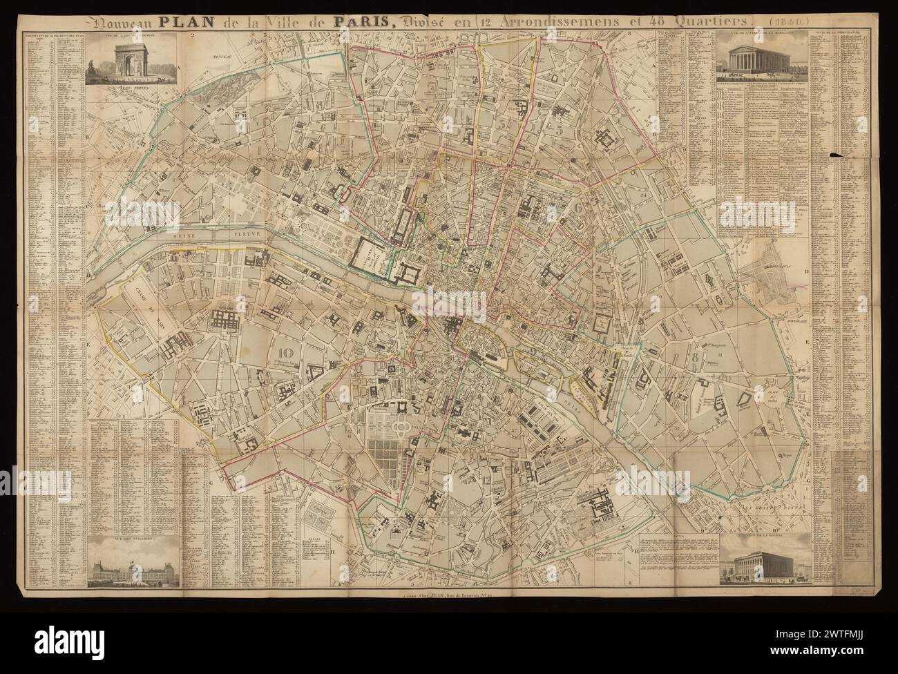 Nouveau plan de la ville de Paris, divisé en 12 arrondissemens et 48 quartieri, 1880. 1880 oltre al piano attuale, Vallée elenca le edizioni nel 1838, 1841-43, 1845-46. Titolo con margine superiore, impronta ai piedi. Indice delle vie ai margini sinistro e destro e elenchi aggiuntivi delle istituzioni. Vista su quattro edifici agli angoli (Arco di Trionfo, Madeleine, Tuileries, Bourse). Confini degli arrondissements tracciati a colori. Scala non fornita. Resti dell'etichetta di carta stampata sul lato della copia Getty. Indicizzato da: Vallée, L. Catalogue des Planes de Paris, 1617-1623. Foto Stock