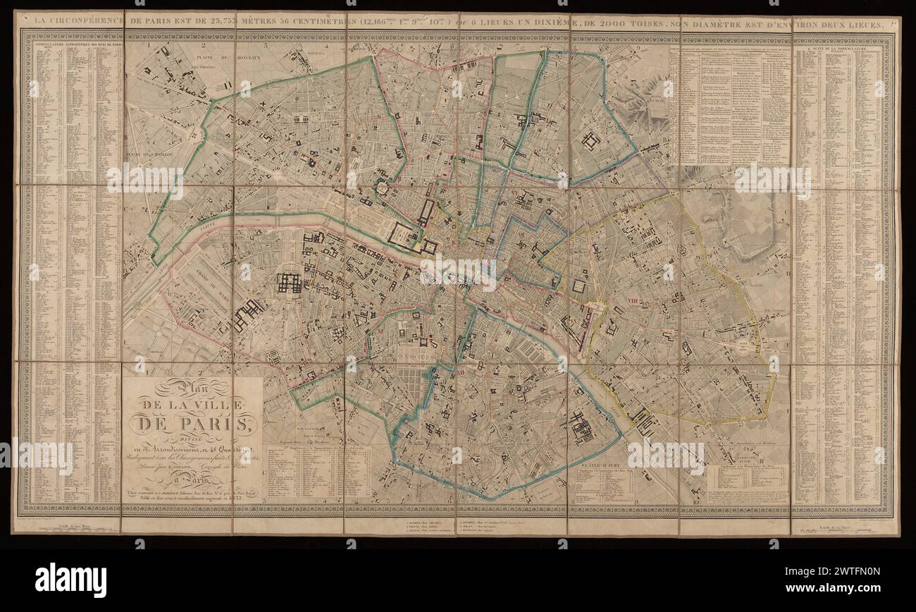 Plan de la ville de Paris : divisé en 12 arrondissemens et 48 quartieri : indiquant tous les changemens faits & projetés / dressé par X. Girard, géographe des Postes ; gravé par Vicq ... ; Écrit par A. Pelicier .., 1820, 1832. Girard, Xavier, attivo nel 1832, cartografo. 1820, 1832 Vallée elenca le precedenti edizioni riviste pubblicate da Goujon nel 1826, e da Goujon e Andriveau nel 1827, 1829 e 1830. Pannello del titolo in basso a sinistra. Elenco vie ai bordi sinistro e destro, indicizzato a rettangoli su piano etichettato orizzontalmente 1-11 e verticalmente A-G. Due barre di scala nel margine inferiore, insieme ai nomi di Foto Stock