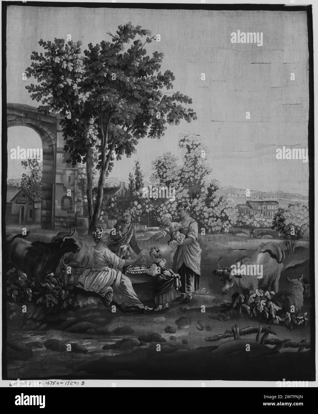 Componi. Huet, Jean-Baptiste (francese, 1745-1811) (disegnato dopo) [pittore] c. 1780-1810 arazzi dimensioni: H 8'3' x W 6'8' arazzo materiali/tecniche: Sconosciuto Cultura: Francese tessitura Centro: Aubusson Proprietà storia: André Manassé Colll. Jacques Seligmann & Co French & Co In un paesaggio con cancelli ad arco e edifici, alberi e piante, un gruppo di uomini e donne con bambini che guardano un quadrante solare e fiancheggiati da bestiame che pascolano, vicino al fiume; ponte ad arco sui bordi di sfondo mancanti. Questo arazzo è spesso visto come la metà sinistra di una composizione più grande, tra cui una signora su un'altalena fiancheggiata da 2 uomini Foto Stock