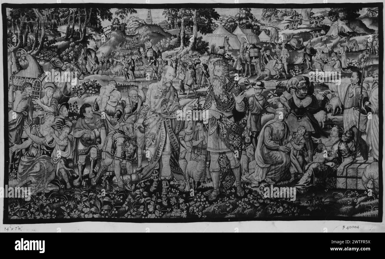 Abramo e Lot si separano. Sconosciuto c. 1550-1600 arazzi dimensioni: H 7'11' x W 14' arazzi materiali/tecniche: Sconosciuto Cultura: Flemish Weaving Center: Bruxelles storia della proprietà: French & Co. Acquistato da Benjamin Rosenthal, fatturato 9/17/1936; venduto al Marchese di Deleitosa 10/11/1963. Nel paesaggio, Lot si stabilisce a Sodoma, dopo che Abramo gli dà la scelta del paese circostante, e si salutano a vicenda; le figure circondano (Genesi 13) i confini mancanti. French & Co. Foglio di magazzino in archivio, 40330 Foto Stock