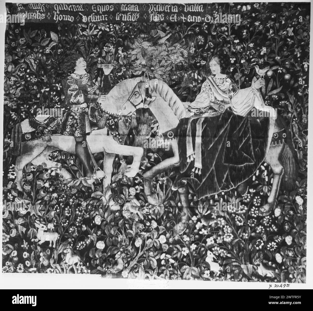 Millefleurs con due figure. Sconosciuto c. 1500-1525 arazzi materiali/tecniche: Sconosciuta Cultura: Sud dei Paesi Bassi tessitura Centro: Sconosciuta storia di proprietà: French & Co. Iscrizioni: Iscrizione in banderole in alto:.. equos.. La donna montata a cavallo tiene un uccello piccolo; si avvicina all'uomo, montato a cavallo e che tiene corona / corona (?); conigli, unicorno in miniatura e furetto (?) In primo piano di paesaggio probabilmente intrecciato a Tournai (Kraak). Frammento di arazzo; bordi mancanti (Cavallo). Nessun foglio di stock francese & Co. In archivio, nessun numero di stock Foto Stock Millefleurs con due figure. Sconosciuto c. 1500-1525 arazzi materiali/tecniche: Sconosciuta Cultura: Sud dei Paesi Bassi tessitura Centro: Sconosciuta storia di proprietà: French & Co. Iscrizioni: Iscrizione in banderole in alto:.. equos.. La donna montata a cavallo tiene un uccello piccolo; si avvicina all'uomo, montato a cavallo e che tiene corona / corona (?); conigli, unicorno in miniatura e furetto (?) In primo piano di paesaggio probabilmente intrecciato a Tournai (Kraak). Frammento di arazzo; bordi mancanti (Cavallo). Nessun foglio di stock francese & Co. In archivio, nessun numero di stock Foto Stock