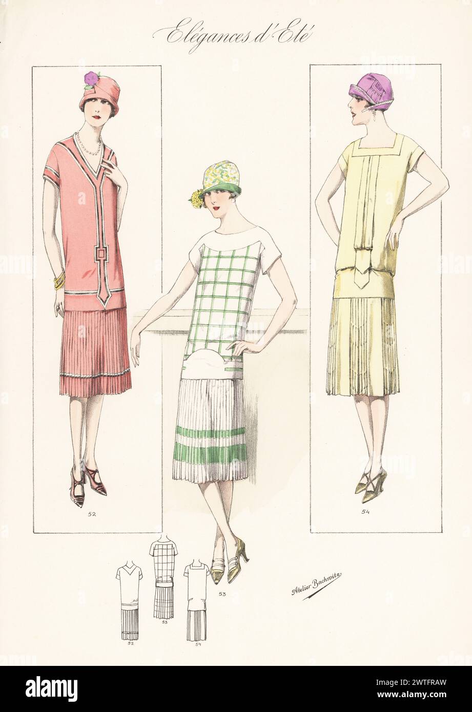 Flappers in cappellini e camici da maglione. Abito taffetas con gonna a pieghe 52, abito in seta al radio con quadrati cuciti 53, camice in crepe de chine con decolletage quadrato 54. Litografia a colori di Atelier Bachwitz di Modell-Kleider fur den Hochsommer, Elegances d'Ete, Fashions for the Hot Season, Atelier Bachwitz AG, Vienna, 1926. Foto Stock