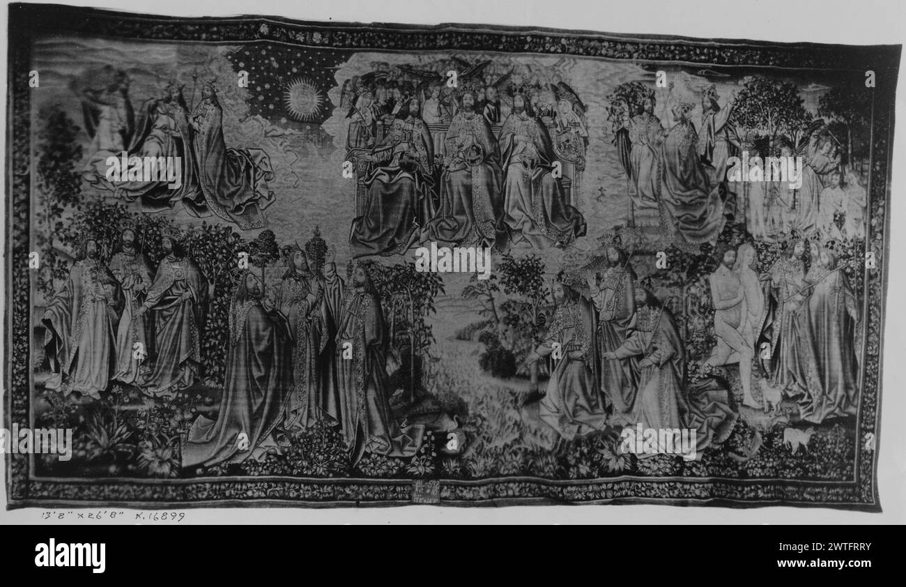 Creazione e caduta dell'uomo. Sconosciuto c. 1510-1515 arazzo dimensioni: H 13'10' x W 26'3' arazzo materiali/tecniche: Lana (ondulata, ordito: 5-6/cm); lana e seta (tinta, trama) Cultura: Paesi Bassi meridionali storia di proprietà: Cattedrale di Toledo (fino al 1900 circa). Ascher Wertheimer coll. (1902). Weinberg coll. William Randolph Hearst coll. (c.1912). French & Co Stati Uniti, California, San Francisco, fine Arts Museums di San Francisco, accno. 54.14.1. Iscrizioni: Iscrizione in campo centrale, identificazione figura (in alto, fianco Trnità): JUSTICIA Santa Trinità ('Trinitas coelestis': Padre, so Foto Stock