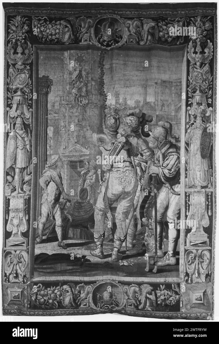 Morte di Mark Antony. Sconosciuto c. 1640-1660 arazzi dimensioni: H 12'6' x W 8'8' arazzo materiali/tecniche: Sconosciuta Cultura: Flemish Weaving Center: Bruxelles storia di proprietà: French & Co. Mark Antony morente issato nel monumento di Cleopatra da Cleopatra e dalle sue 2 cameriere (BRD) trofei marziali con fiori e frutta; (L & R BRD) le figure terminali si trovano su piedistalli, (UPR e LWR BRD) medaglioni con simboli araldici al centro Nessuna scheda di magazzino French & Co. in archivio, nessun numero di catalogo Plutarco, vite dei nobili greciani e romani (1932), 1147, 1148 opere correlate: pannelli in set: GCPA 023 Foto Stock