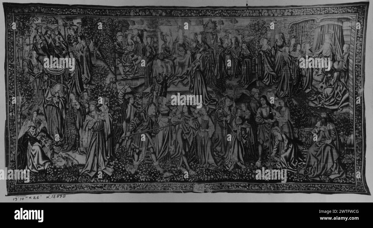 I vizi attaccano l'uomo. Sconosciuto c. 1510-1515 arazzo dimensioni: H 13'8' x W 26'5' arazzo materiali/tecniche: Lana (ondulata, ordito: 5-6/cm); lana e seta (tinta, trama) Cultura: Paesi Bassi meridionali storia di proprietà: Cattedrale di Toledo (fino al 1900 circa). Ascher Wertheimer coll. (1902). Weinberg coll. William Randolph Hearst coll. (c.1912). French & Co Stati Uniti, California, San Francisco, fine Arts Museums di San Francisco, accno. 54.14.2. Iscrizioni: Iscrizione in campo centrale, su banderole detenuta dal Profeta nell'angolo L [la ritessitura ha reso l'iscrizione illeggibile, ma può possbily avere re Foto Stock