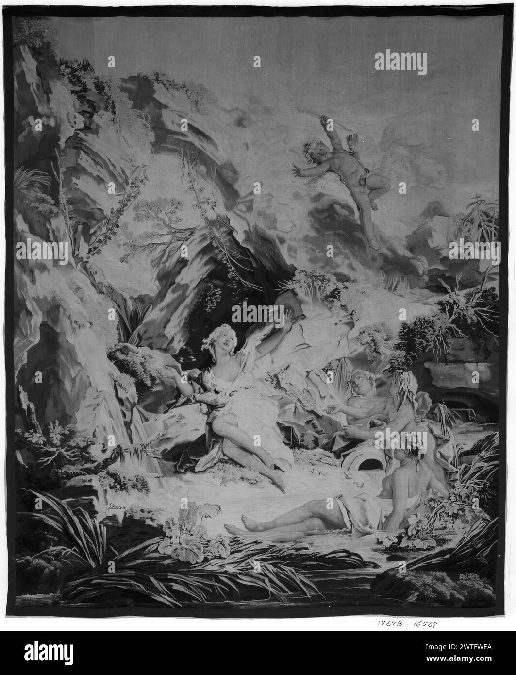 Psiche abbandonate da Cupido. Boucher, Francesco (francese, 1703-1770) (creatore di cartoni animati) [pittore] Oudry, Jean-Baptiste (francese, 1686-1755) (laboratorio) [pittore] Besnier, Nicolas (francese, b.1686-d.1754) (laboratorio) [tessitore] c. 1741-1770 arazzi dimensioni: H 11'1' x W 9'3,5' arazzi materiali/tecniche: Lana e seta, (ordito: 20-22/cm) tessuto francese: forse parte di un set di tre (Bremmer Cat. 11 a-c) tessuto per M. d'Auriac, 1741-1742. Sir Anthony de Rothschild (Londra 0, inizio XX secolo (Bremmer Cat. 11 a-c), successivamente separati. Foto Stock