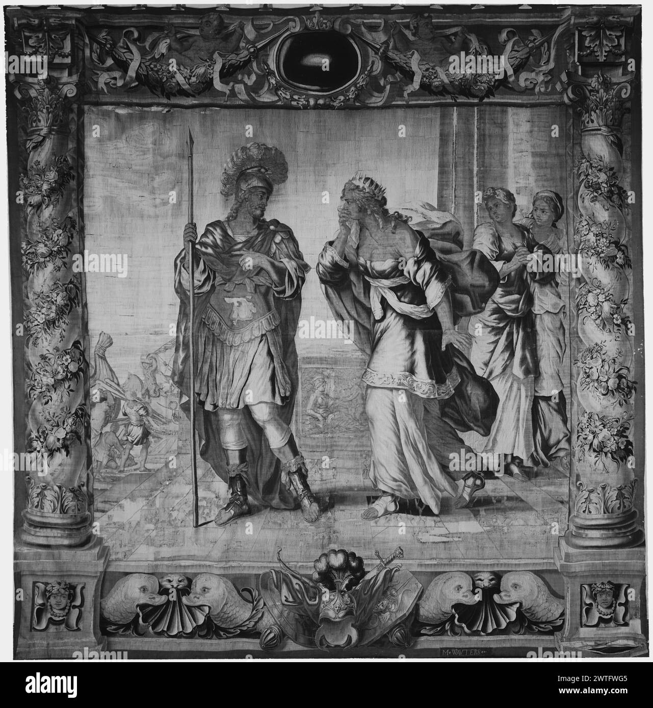 Enea si lascia da Dido. Romanelli, Giovanni Francesco (italiano, 1610-1662) (creatore di cartoni animati) [pittore] Wauters, Michel (olandese (dopo il 1600), atto 1651-d.1679) (laboratorio) [tessitore] c. 1655-1679 Arazzi dimensioni: H 403 x L 394 cm arazzo materiali/tecniche: Lana e seta Cultura: Tessitura fiamminga Centro: Anversa Proprietà storia: French & Co. Francis F. Prentiss coll. Dono della signora Francis F. Prentiss (1915). Stati Uniti, Ohio, Cleveland, Cleveland Museum of Art, accno. 1915.79.7. Iscrizioni: Tessuta firma nella guardia inferiore, destra: M. WAVTERS Aeneas indossa il casco e tiene sta Foto Stock