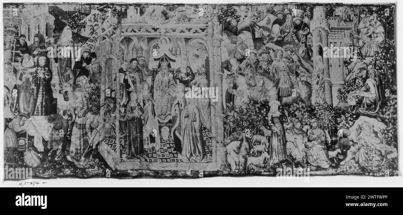 Soggetti allegorici o biblici. Sconosciuto c. 1475-1500 arazzi materiali/tecniche: Sconosciuta Cultura: Sud dei Paesi Bassi tessitura Centro: Sconosciuta storia di proprietà: French & Co. Iscrizioni: Iscrizioni in campo centrale su banderole [non leggibili in fotografia] iscrizioni: Iscrizioni in campo centrale che identificano figure [non leggibili in fotografia] figura coronata (papa o imperatore) in trono in quadro architettonico (L di centro, primo piano), funerale (?) Si svolgono (L, primo piano), tosatura delle pecore (R, primo piano), uomini a cavallo (R di centro, terreno centrale), varie iscrizioni POS Foto Stock