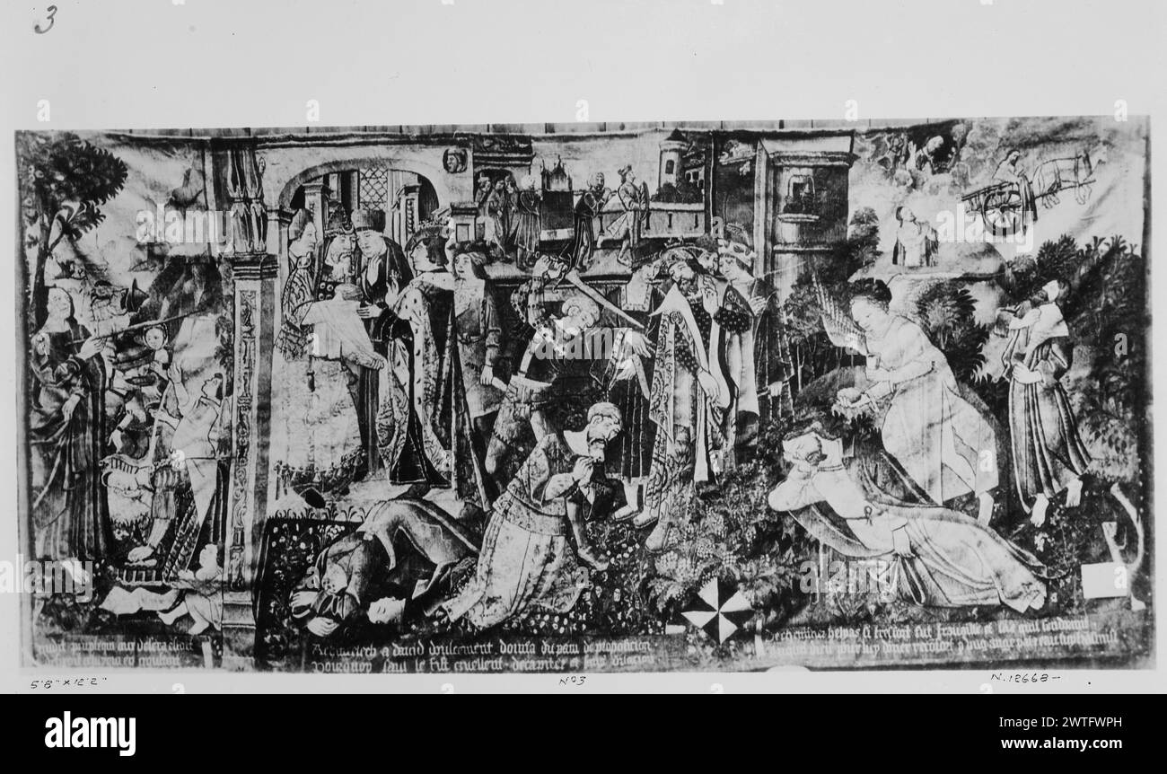 Mosè colpisce l'acqua dalla roccia, Davide a Nob, Elia e angelo. Sconosciuto c. 1500-1535 arazzo dimensioni: H 6'3' arazzo materiali/tecniche: Lana (ondulata, ordita); lana e seta (tinta, trama) Cultura: Olanda meridionale storia di proprietà: Abbazia di Notre-Dame-de-la-Charité, Ronceray ad Angers (si ritiene che sia dono di Dame Loyse le Roux). Comtesse Walsh de Serrant, di Château Plessy-Macé vicino ad Angiò (1793 o 1850?); venduta, da Larcher de Coupigny, 9/30-10/5/1880. M. Jumel coll., Avocat d'Amiens. French & Co Stati Uniti, New York, New York, Century Association. Iscrizioni: Iscrizione in cent Foto Stock