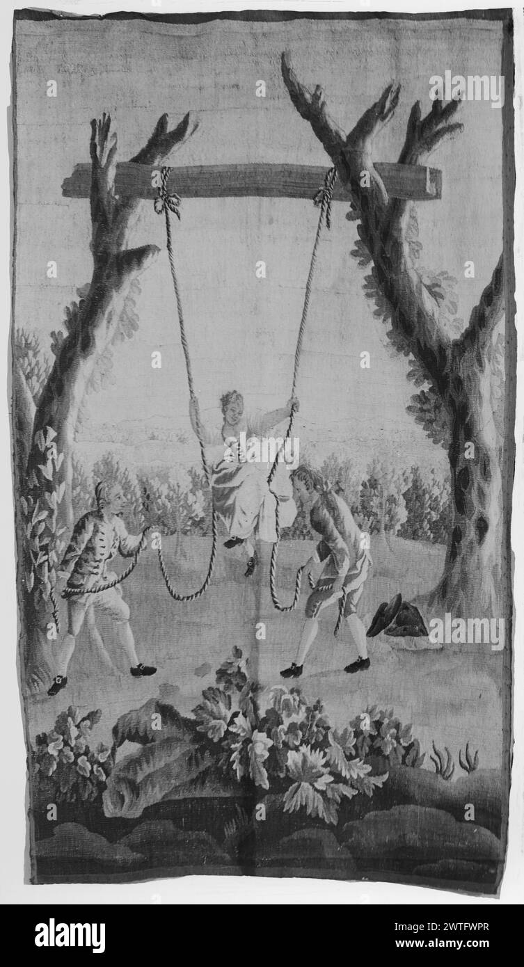 Oscillazione. Sconosciuto c. 1760-1770 arazzi dimensioni: H 8' x W 4'9' arazzo materiali/tecniche: Sconosciuto Cultura: French Weaving Center: Aubusson Ownership History: French & Co. Ricevuto da Robert Z. Hawkins, 8/12/1941; restituito 11/8/1949. In un paesaggio con alberi e piante selvatiche, una ragazza in altalena viene trascinata da due ragazzi bordi mancanti. French & Co. Foglio in archivio, 75455-i opere correlate: Arazzi compositivamente simili (con variazioni): GCPA 0243110-0243111, 0243113-0243114, 0184439 Foto Stock