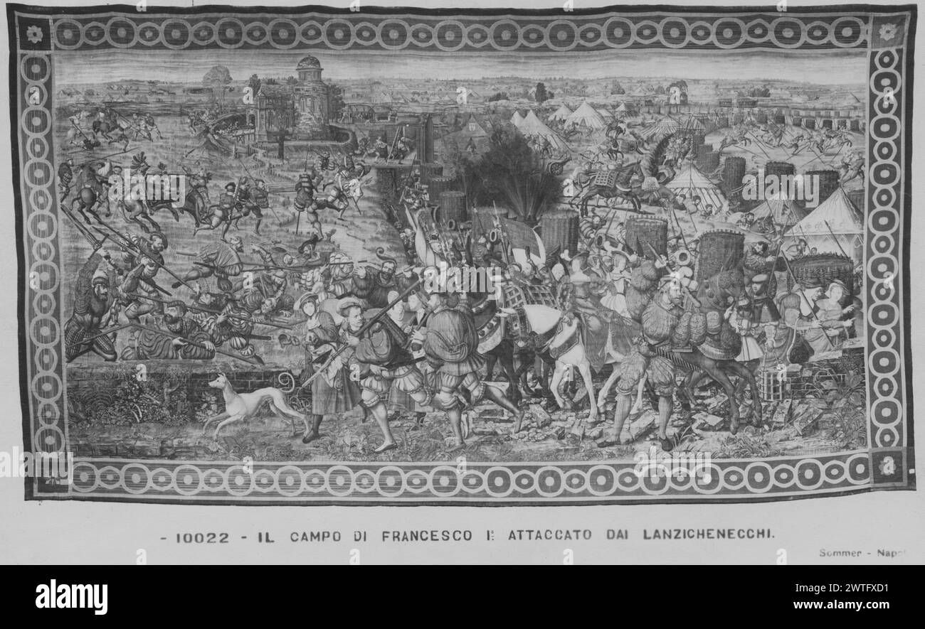 Invasione del campo francese e fuga di donne e civili. Orley, Bernart van (fiammingo (prima del 1600) - Fiandre, CA.1492-1542) (disegnato dopo) [pittore] c. 1530 arazzi materiali/tecniche: Sconosciuta Cultura: Proprietà fiamminga storia: Italia, Campania, Napoli, Napoli, Museo nazionale di Capodimonte. I civili hanno fatto il pieno e lasciato la città (centro e R, primo piano); campo di battaglia con soldati attaccanti (L, terreno di mezzo); trincee con soldati, esplosione dietro di loro (centro, terreno di mezzo); campo dell'esercito con tende (R, terreno di mezzo); chiesa in paesaggio (L, sfondo) (BRD) motivo di grandi cerchi Foto Stock