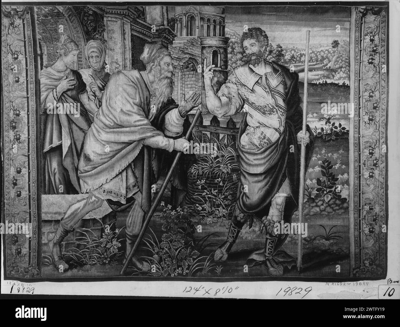La partenza di Joseph. Sconosciuto c. 1550-1600 arazzi dimensioni: H 8'7' x W 12'5' arazzo materiali/tecniche: Cultura sconosciuta: Flemish Weaving Center: Unknown Ownership History: French & Co. Ricevuto da Mr. Hunt, 15/2/1913; restituito, 3/4/1920 [SS 9664]. French & Co, acquistata da J. H. Hunt, 9/14/1940 [SS 19829]. Giacobbe invia Giuseppe ai suoi fratelli, che si stanno occupando del gregge del padre a Sichem (Genesi 37:12-35); la madre di Giuseppe, Rachele (?) E un'altra figura femminile si trova nelle vicinanze sotto la porta (S e R BRD) a scorrimento con motivo a foglia di acanto bordi superiori e inferiori mancanti. French & Co. Stock Foto Stock