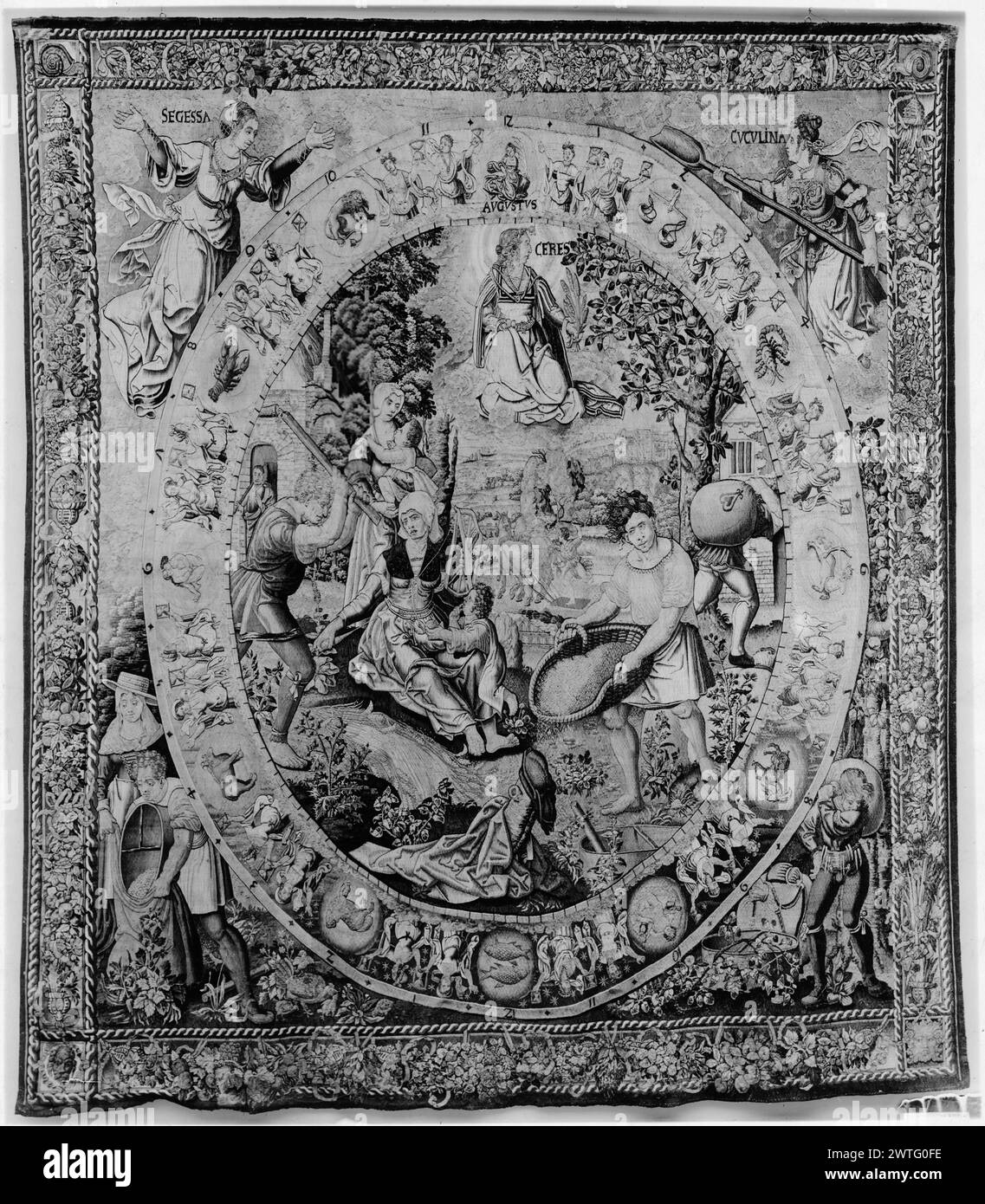 Agosto. Orley, Bernart van (olandese (prima del 1600) - Fiandre, CA.1492-1542) (autore di design, laboratorio, attr.) [Pittore] c. 1525-1530 arazzi dimensioni: H 14'10' x W 13'1' arazzo materiali/tecniche: Sconosciuta Cultura: Paesi Bassi meridionali storia di proprietà: Polycarpe Charles Séchan coll., Parigi (fino al 1875). Dreyfus de Gonzalès coll., Parigi; venduto, Parigi, Galerie Georges Petit, 6/1-4/1896. William Baumgarten Coll., New York. Lasciata in eredità al museo dalla signora Augustus D. Juilliard nel 1916. Stati Uniti, New York, New York, Metropolitan Museum of Art, accno. 19.172.1. Iscrizioni: Ins Foto Stock