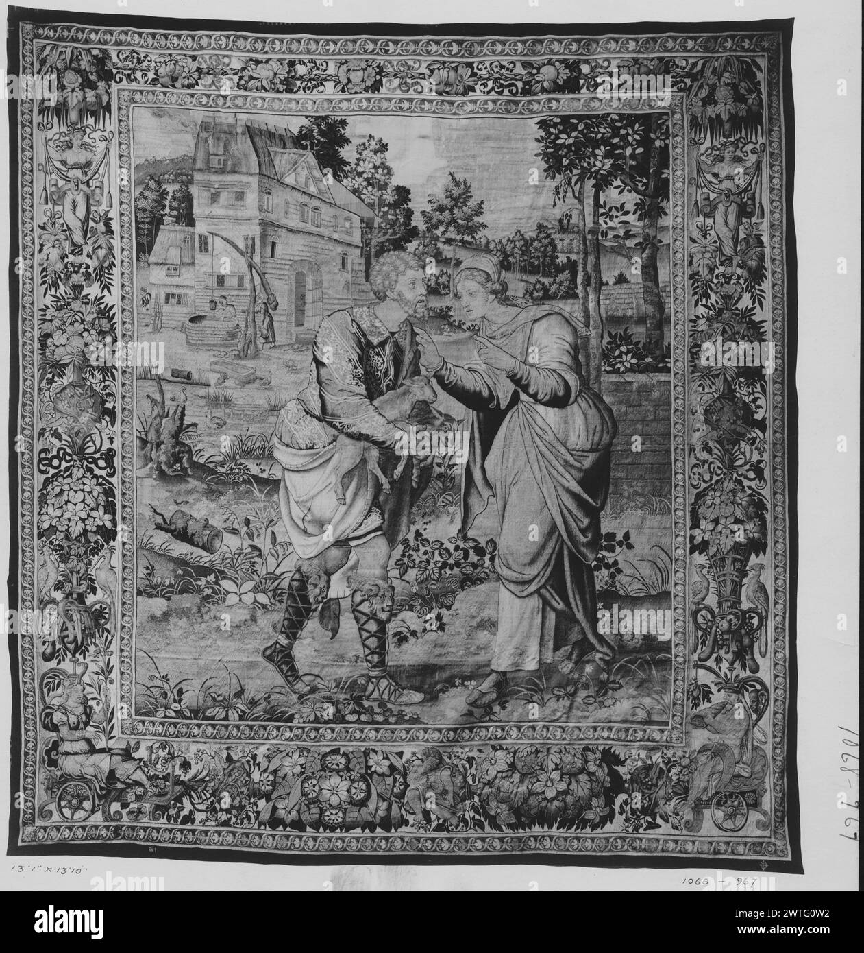 Giacobbe e Rebecca si preparano a ingannare Isacco. Orley, Bernart van (olandese (prima del 1600) - Fiandre, CA.1492-1542) (progettato dopo, attr.) [Pittore] Coxie, Michiel (il Vecchio) (olandese (prima del 1600) - Fiandre, 1499-1592) (progettato dopo, attr.) [Pittore] Floris, Cornelis (il giovane) (olandese (prima del 1600) - Fiandre, 1514-1575) (disegnato dopo, Borders, attr., ) [disegnatore] c. 1550-1560 arazzi dimensioni: H 13'1' x W 13'10' arazzo materiali/tecniche: Lana (ondulata, ordito: 7/cm); lana e seta (tinta, trama) Cultura: Fiamminga Centro di proprietà: Bruxelles Foto Stock