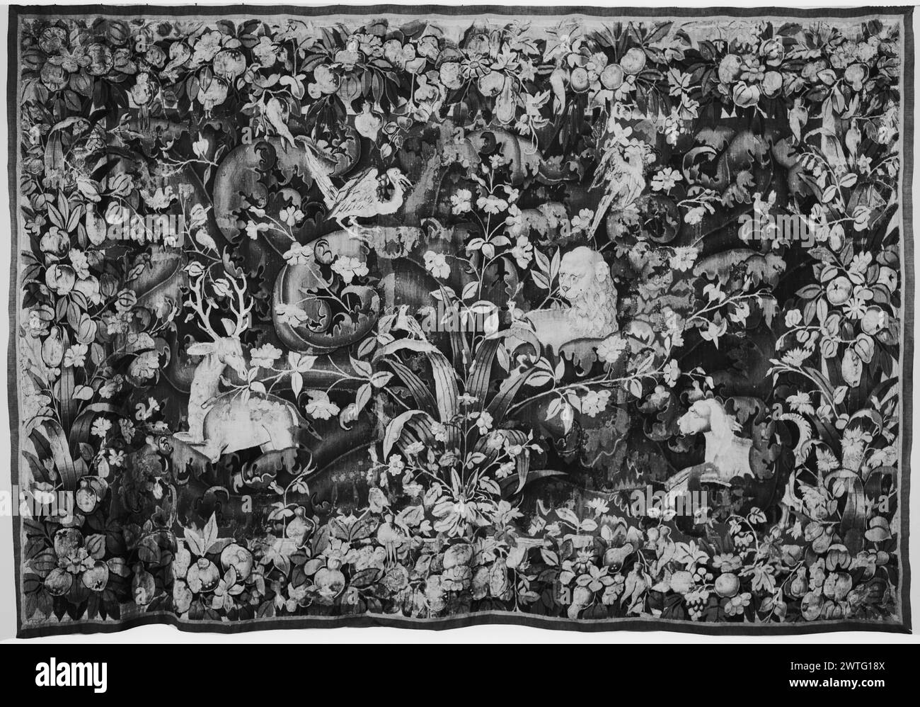 Verdure a foglia grande (feuille de choux) con cervo, leone, uccello e cane. Sconosciuto c. 1550-1600 arazzi materiali/tecniche: Cultura sconosciuta: Flemish Weaving Center: Unknown Ownership History: French & Co. Acquistato da Andre Azria, ricevuto il 26/7/1961; venduto al sig. Derek Spence il 6/6/1963. Gli animali abitano una vegetazione composta da grandi foglie simili ad acanto a scorrimento; piante a fiore di wispy che emergono dalla pianta centrale con grandi foglie appuntite in un grappolo di vegetazione (BRD) garland of foliage, frutta e fiori che si imprimono sul campo centrale French & Co. Foglio di scorta in archivio, e-38-x Foto Stock
