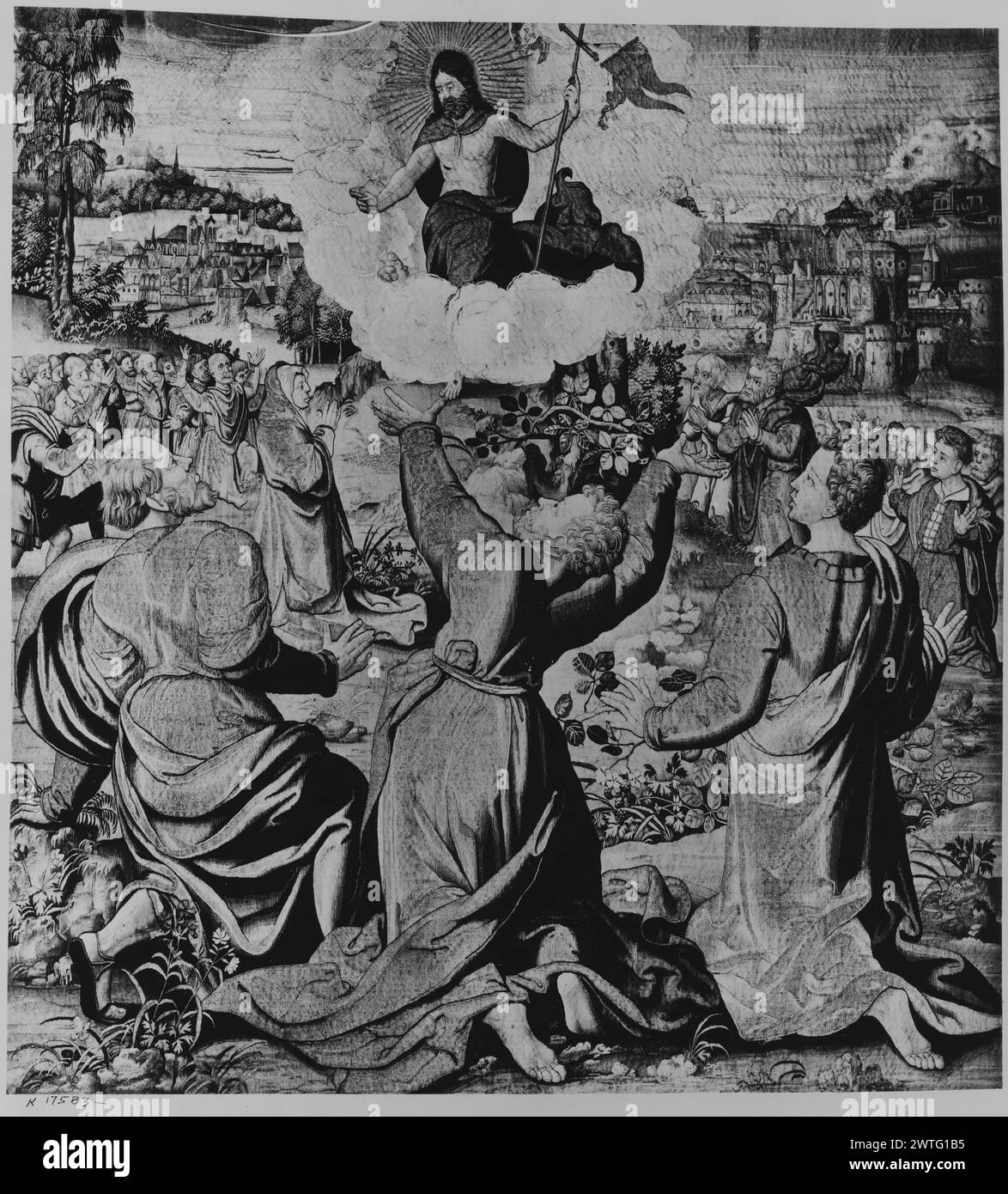 Ascensione. Sconosciuto c. 1535-1550 arazzi materiali/tecniche: Sconosciuta Cultura: Flemish Weaving Center: Bruxelles storia della proprietà: French & Co. Germania, Baviera, Monaco, Residenzmuseum. Cristo, tenendo striscione e circondato da una luce radiosa, sale in cielo mentre gli apostoli inginocchiati guardano in alto nel cielo con le braccia alzate (Marco 16:14-19) Vista di dettaglio; i bordi non sono mostrati. Nessun foglio di stock French & Co. In archivio, nessun numero di stock opere correlate: Pannelli in set, 0239272, 0239326-0239327; arazzi compositivamente simili: GCPA 0239273, 0239274, 0184355, 0242486 Foto Stock