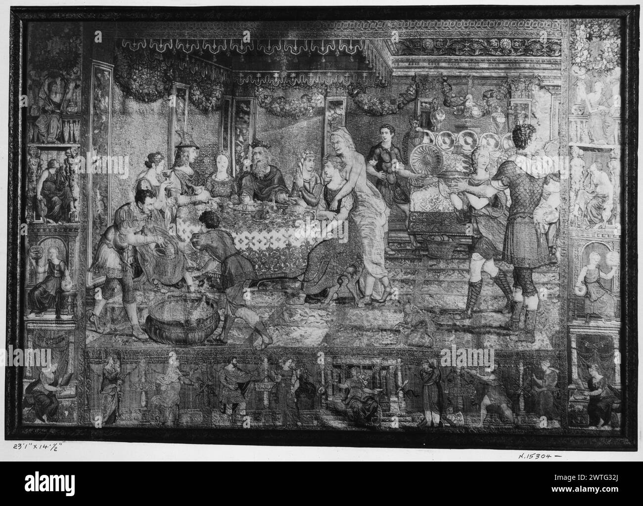 Mercury cena con Cecrops e le sue figlie; Envy infetta Aglauros. Pannemaker, Wilhelm de (fiammingo (prima del 1600) - Fiandre, atto. 1535-1578) (laboratorio) [tessitore] c. 1550 arazzi dimensioni: H 14',5' x W 23'1' arazzi materiali/tecniche: Lana e seta; filo metallico (argento); filo metallico (argento-dorato) Cultura: Centro tessitura fiammingo: Bruxelles storia della proprietà: Famiglia la Cerda, duchi di Medinaceli, Spagna (set completo in loro possesso, forse dal XVI secolo). Duchessa di Denia, vedova del duca (in suo possesso fino alla sua morte nel 1903, quando l'arazzo pas Foto Stock