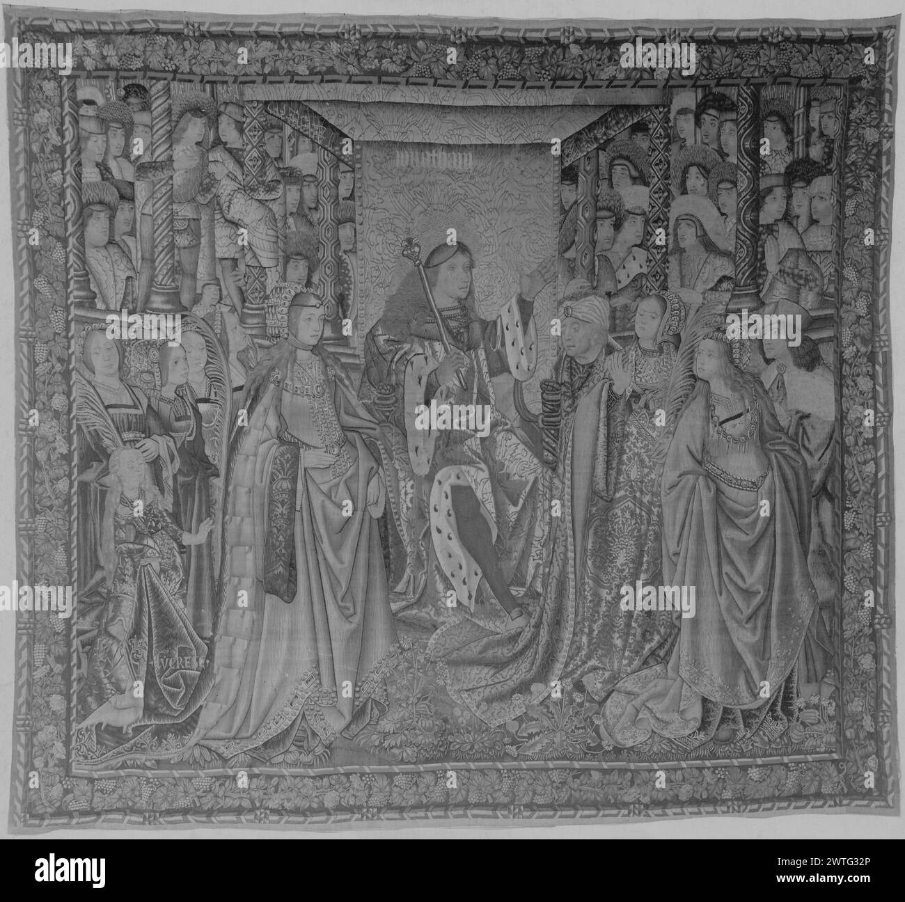 La storia di Jonathan. Sconosciuto c. 1500-1520 arazzi materiali/tecniche: Sconosciuta Cultura: Sud dei Paesi Bassi tessitura Centro: Sconosciuta storia di proprietà: French & Co. Acquistato da R. W. Lehne, fatturato 12/22/1937; venduto a Thomas McInnernery 1/28/1938 [non è certo che questo foglio di stock si abbini all'arazzo in questa foto; "s - 19109" è scritto sul lato posteriore della foto, ma le dimensioni sul retro della foto non corrispondono alle dimensioni sul foglio di scorta]. Iscrizioni: Iscrizione sopra il re: Jonathan Enthroned king (Jonathan) affiancato da signore che tengono le palme del martire e da figure Foto Stock