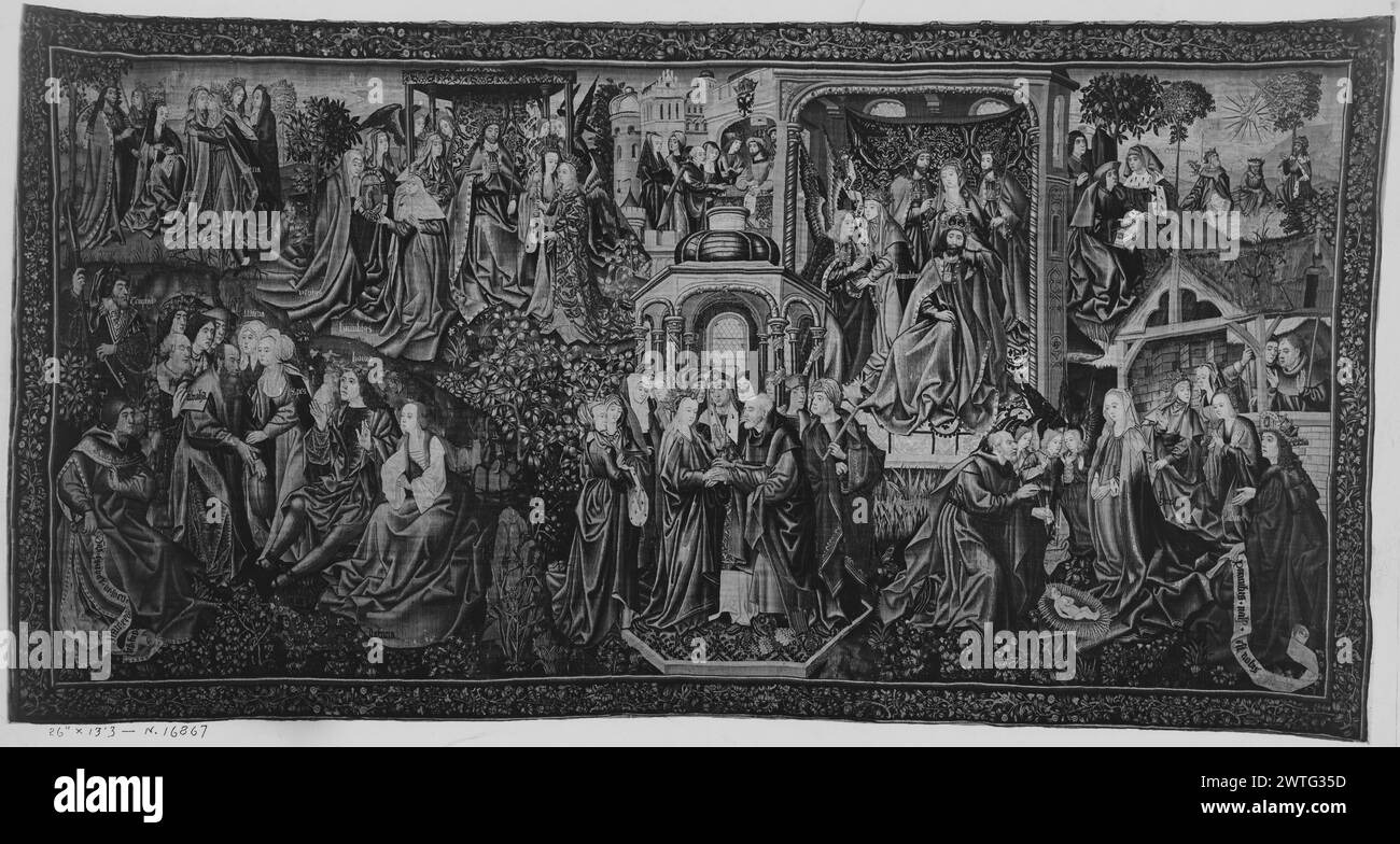 Cristo nasce come Redentore dell'uomo. Sconosciuto c. 1500-1520 arazzi dimensioni: H 13'3' x W 26' arazzi materiali/tecniche: Lana (ordito: 15-18/poll.; 6-7 cm); lana e seta (trama) Cultura: Paesi Bassi meridionali storia di proprietà: Juan Rodríguez de Fonsca coll., vescovo di Burgos (acquisto totale di 8 arazzi tra il 1519 e il 1524); lasciato in eredità alla Cattedrale di Burgos nel 1526. Cattedrale di Burgos coll.; venduta nel 1926. French & Co. Ha acquistato da Mr. R. [Raimundo] Ruiz, fatturato 5/7/1931; venduto al Metropolitan Museum of Art 2/4/1938. Stati Uniti, New York, New York, Metropolitan Museum of Art, accno Foto Stock